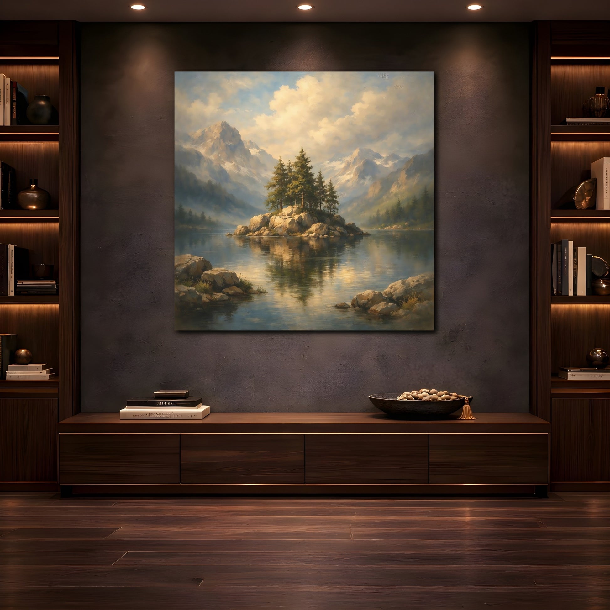 Mockup 4. Nature Pine Island Mountain Lake View shown as stretched canvas wall art