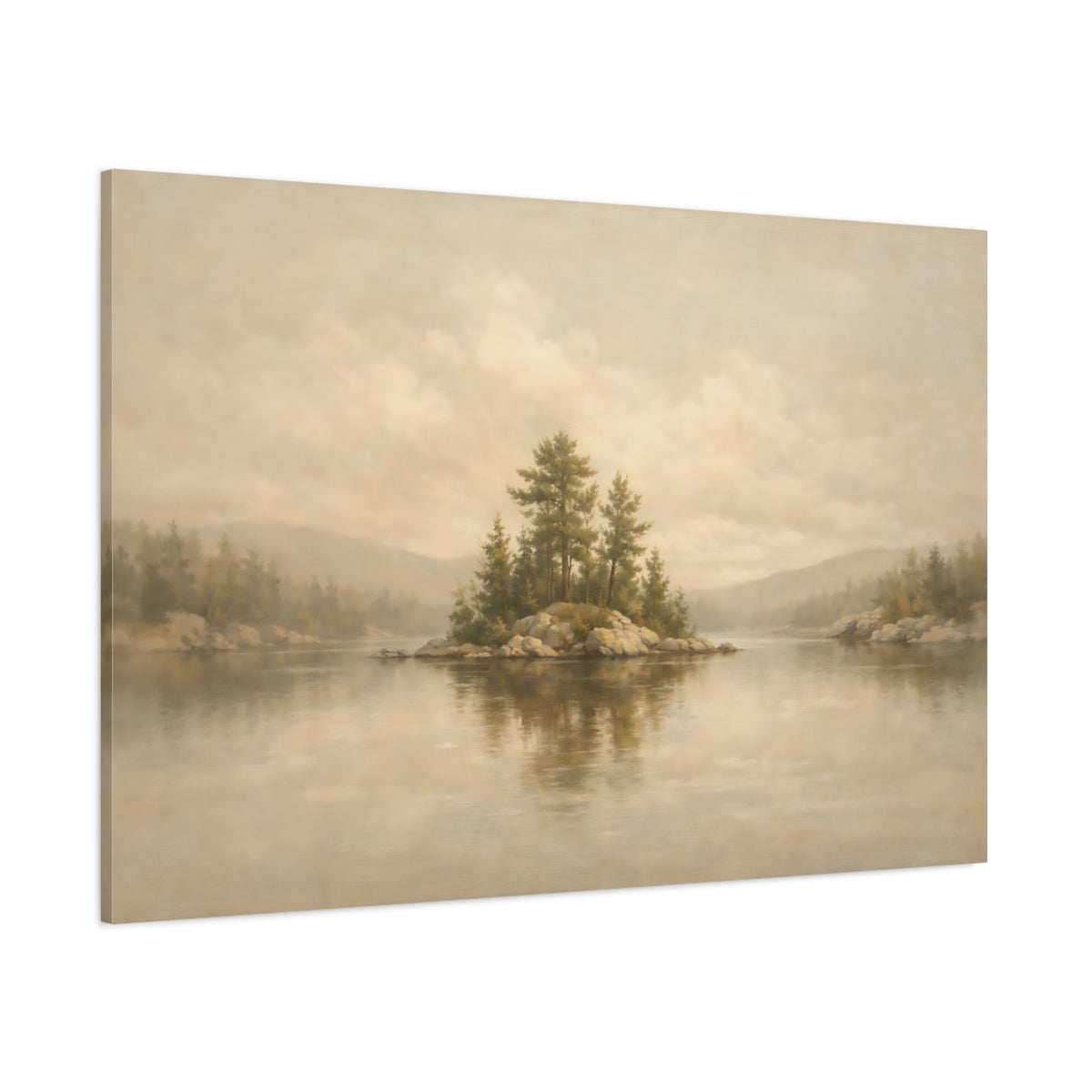 Main Mockup. Nature Pine Island Muted Landscape shown as stretched canvas wall art