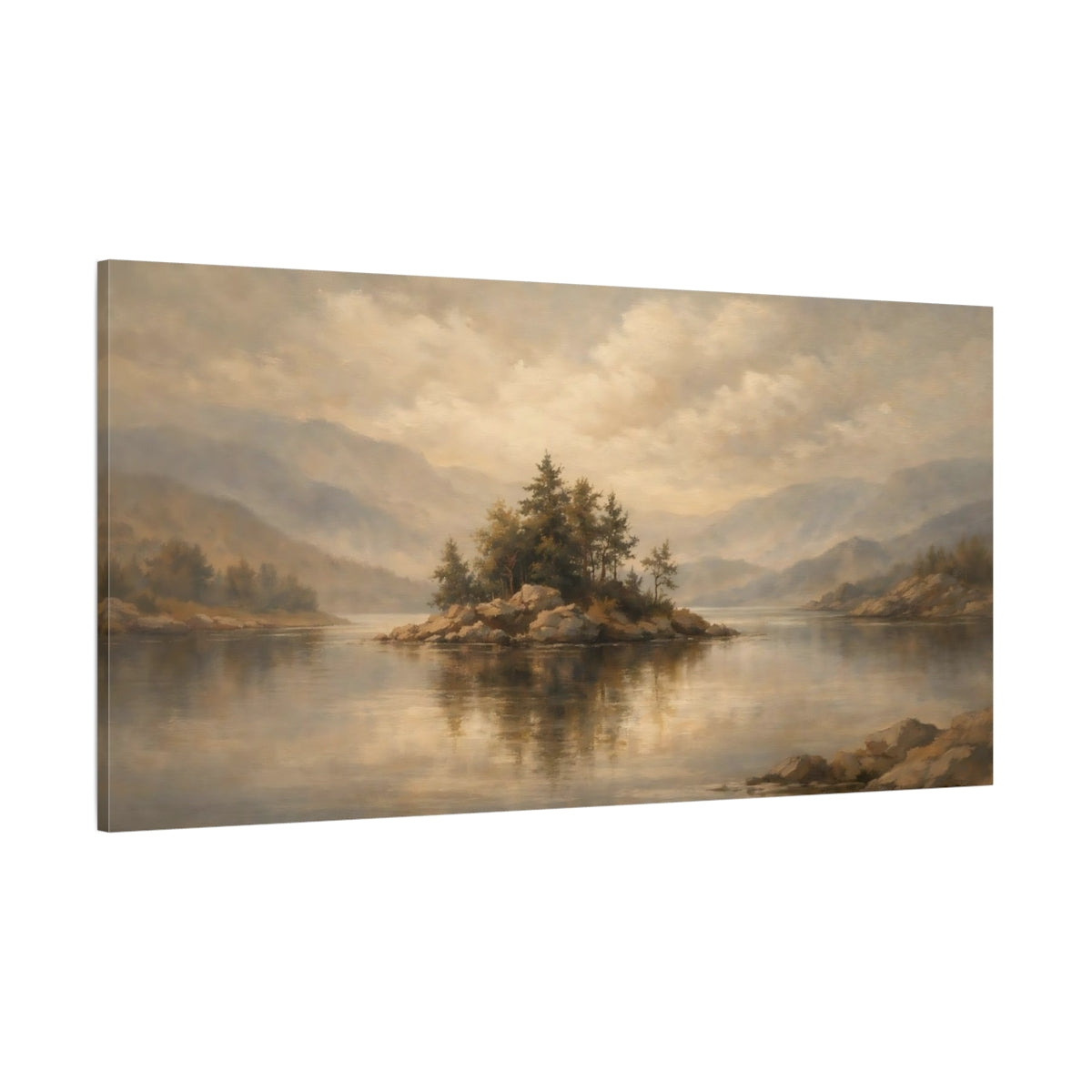 Main Mockup. Nature Pine Island Muted Landscape shown as stretched canvas wall art