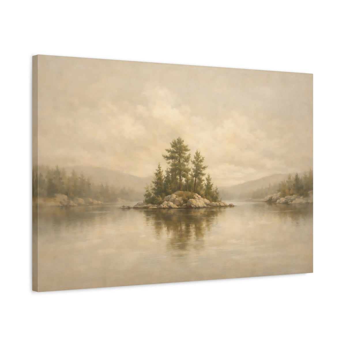Side Mockup 2. Nature Pine Island Muted Landscape shown as stretched canvas wall art