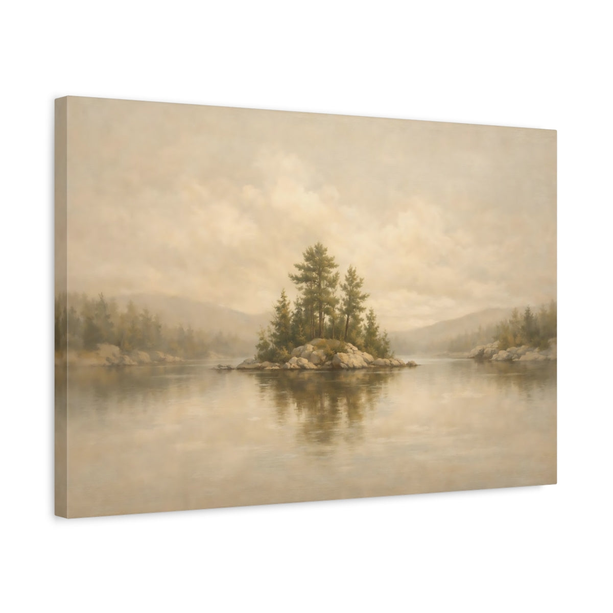 Side Mockup 3. Nature Pine Island Muted Landscape shown as stretched canvas wall art