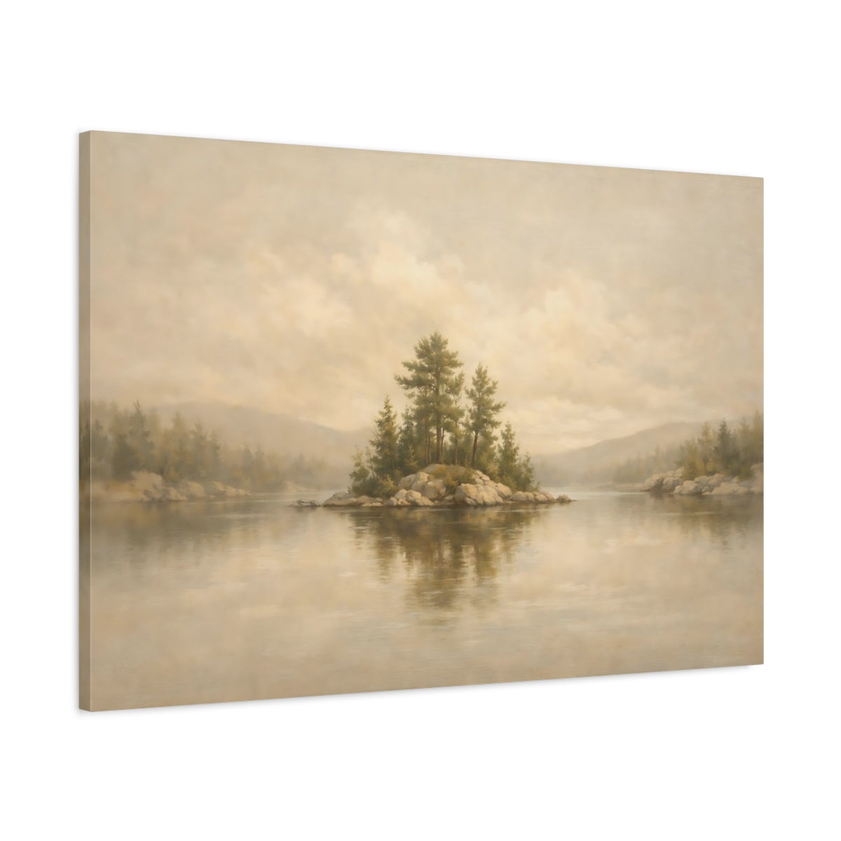 Side Mockup 1. Nature Pine Island Muted Landscape shown as stretched canvas wall art
