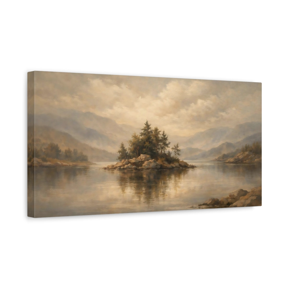 Side Mockup 3. Nature Pine Island Muted Landscape shown as stretched canvas wall art
