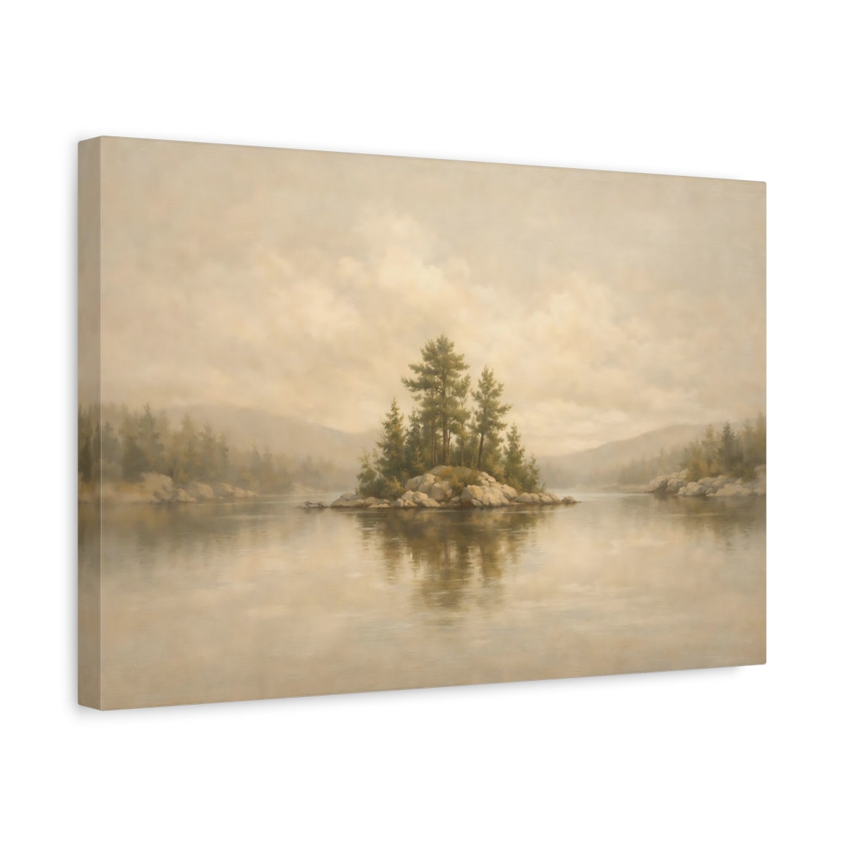 Side Mockup 4. Nature Pine Island Muted Landscape shown as stretched canvas wall art