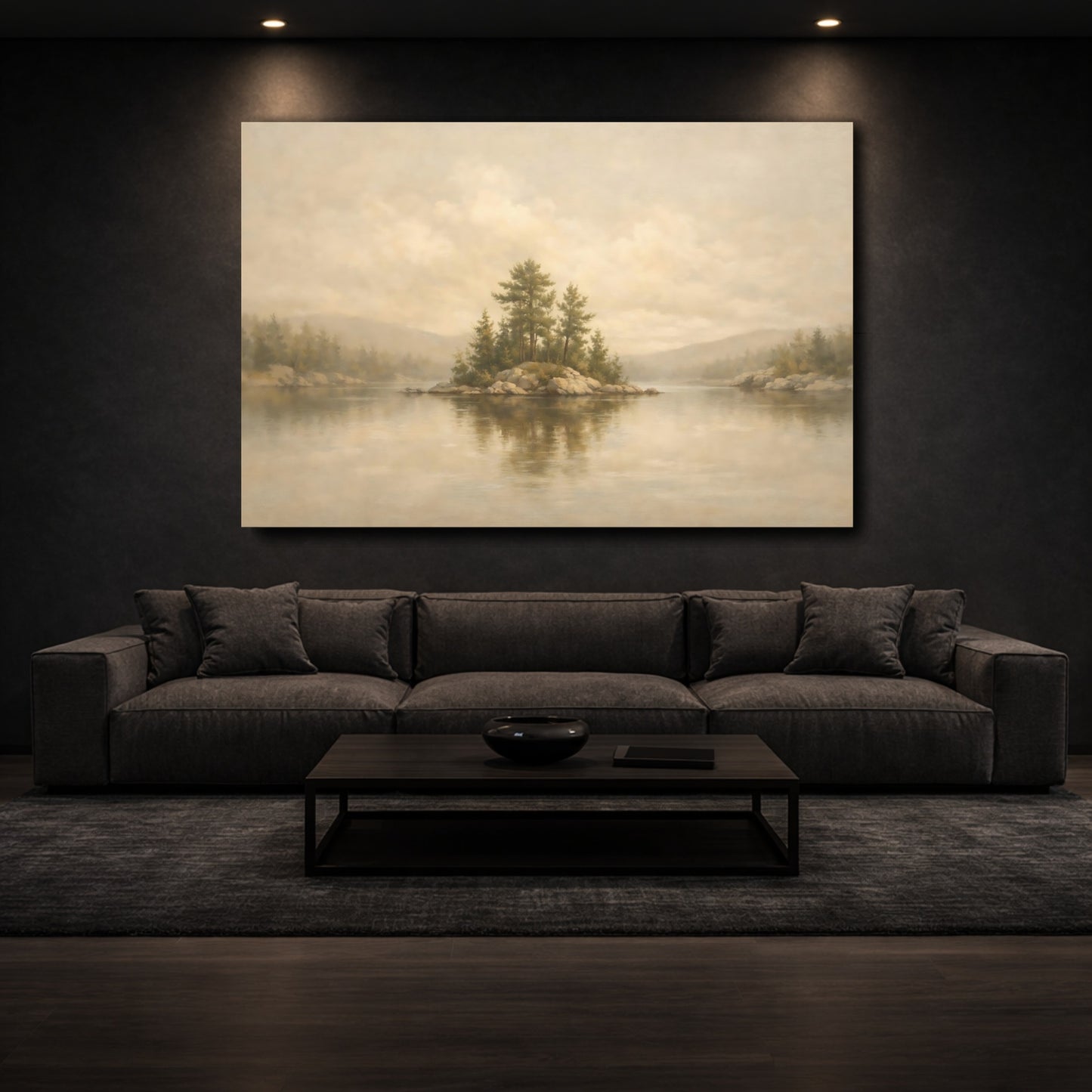 Mockup 2. Nature Pine Island Muted Landscape shown as stretched canvas wall art