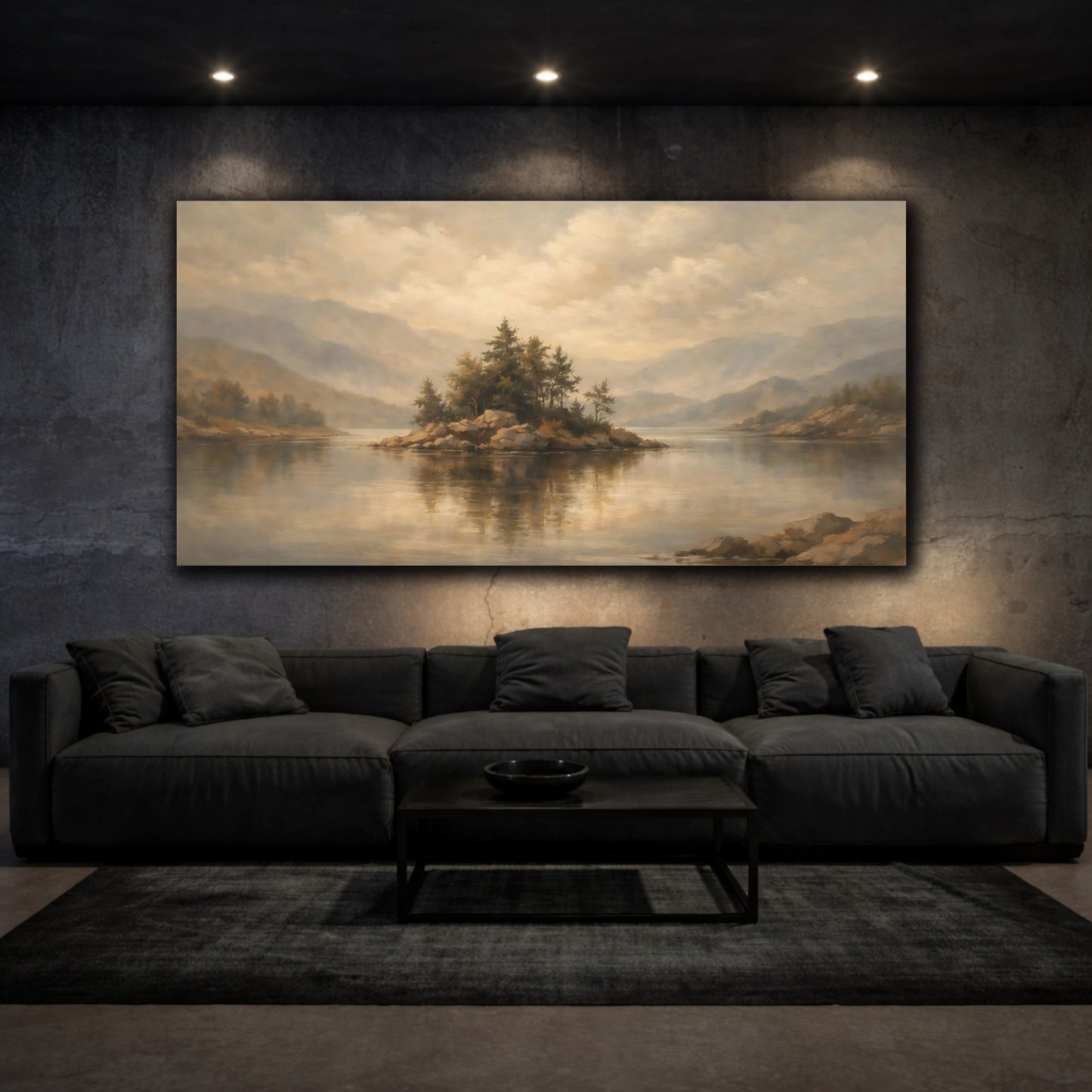 Mockup 2. Nature Pine Island Muted Landscape shown as stretched canvas wall art