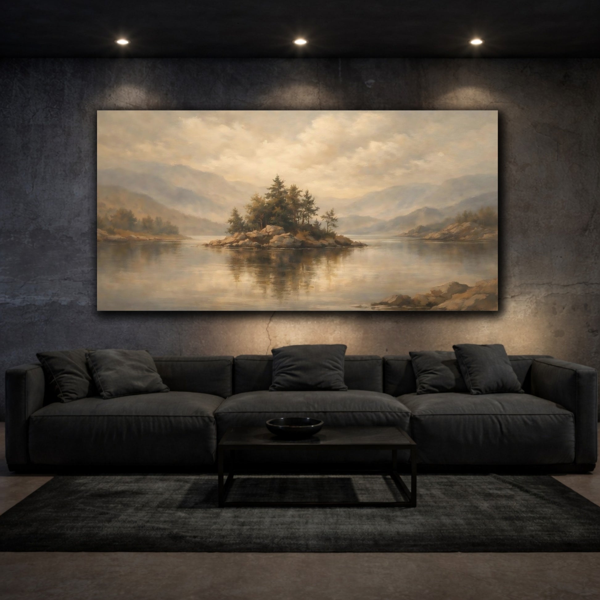 Mockup 2. Nature Pine Island Muted Landscape shown as stretched canvas wall art
