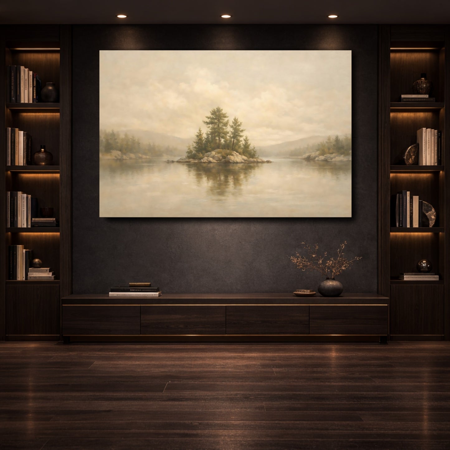Mockup 3. Nature Pine Island Muted Landscape shown as stretched canvas wall art