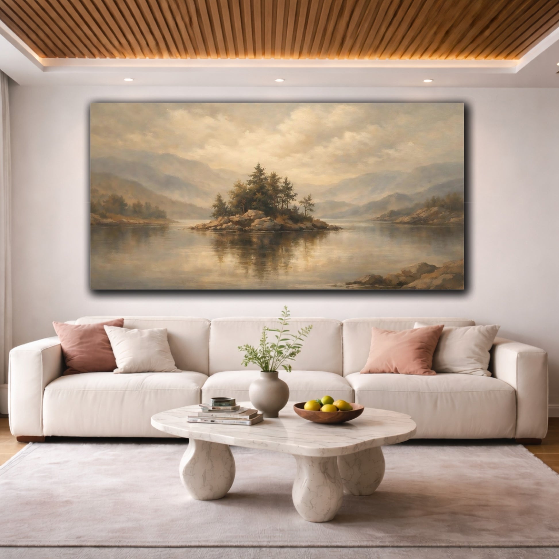 Mockup 3. Nature Pine Island Muted Landscape shown as stretched canvas wall art