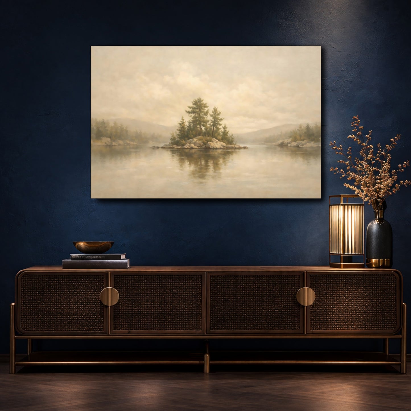 Mockup 4. Nature Pine Island Muted Landscape shown as stretched canvas wall art
