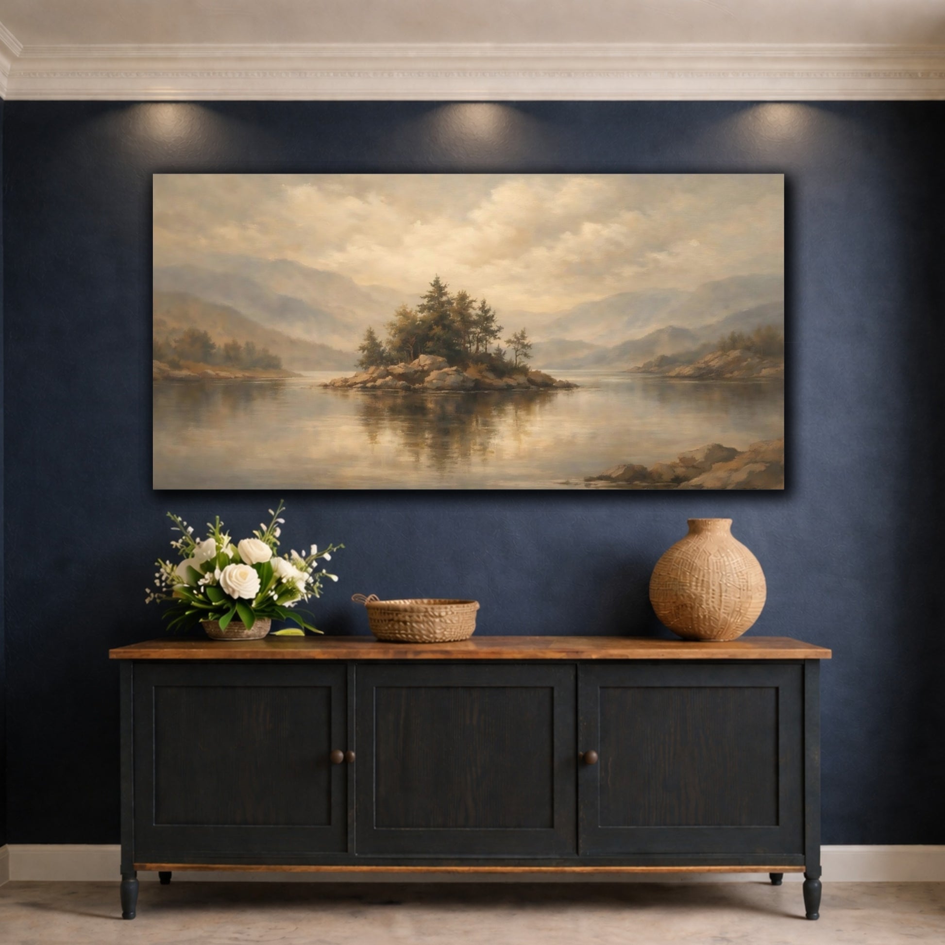 Mockup 4. Nature Pine Island Muted Landscape shown as stretched canvas wall art