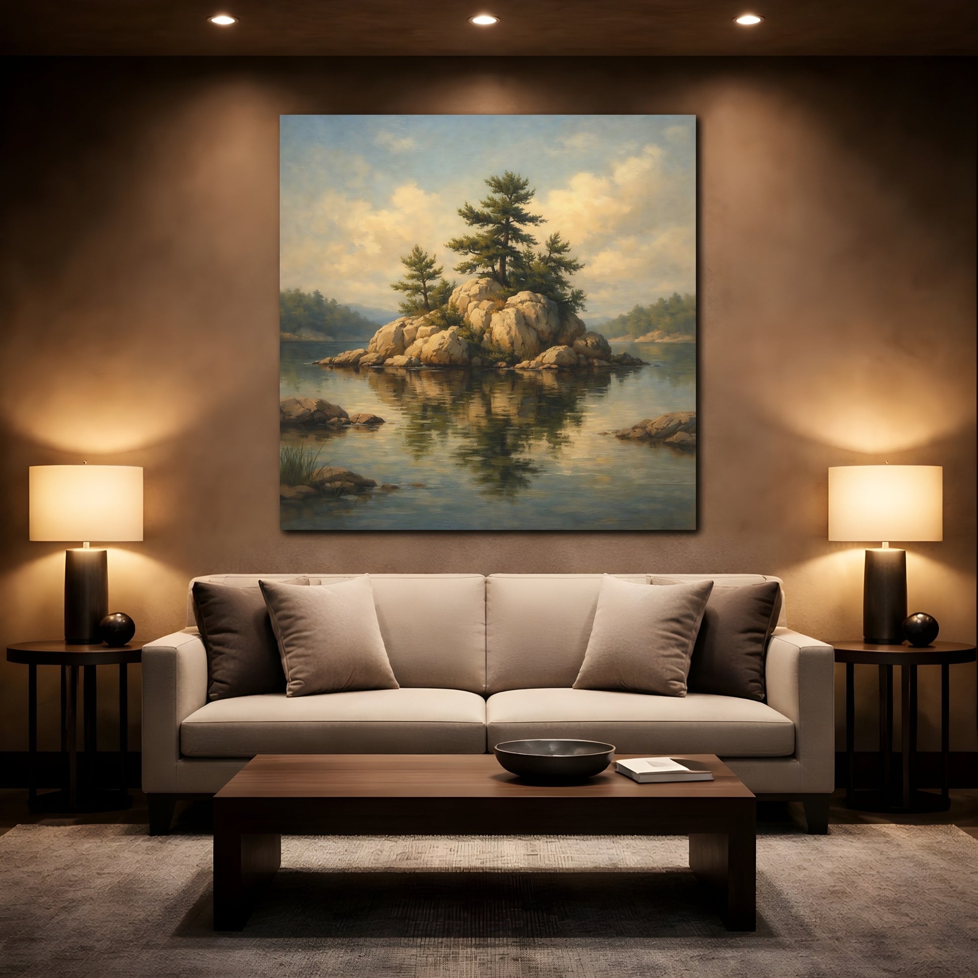 Mockup 2. Nature Pine Island Pine Island Lake shown as stretched canvas wall art