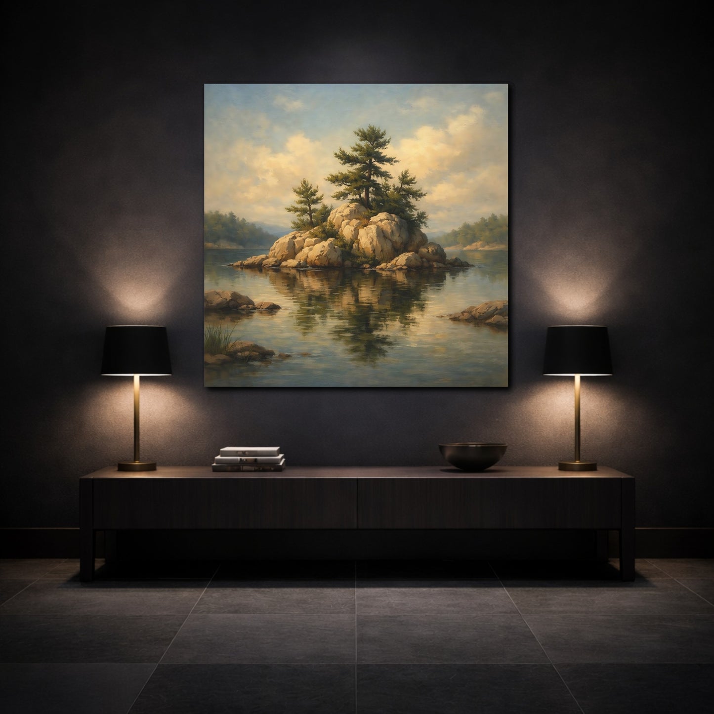 Mockup 3. Nature Pine Island Pine Island Lake shown as stretched canvas wall art