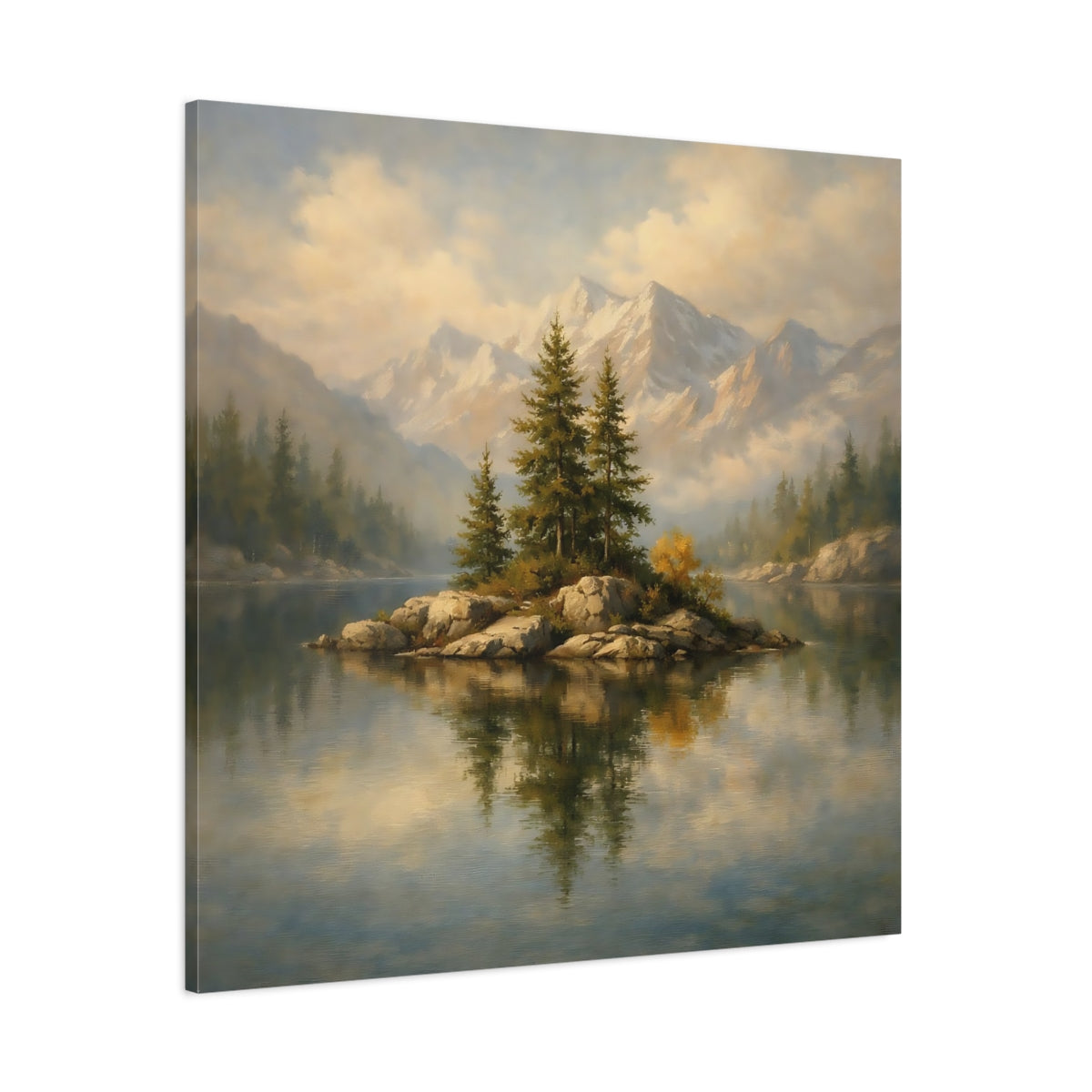 Main Mockup. Nature Pine Island Pine Lake Mountain shown as stretched canvas wall art
