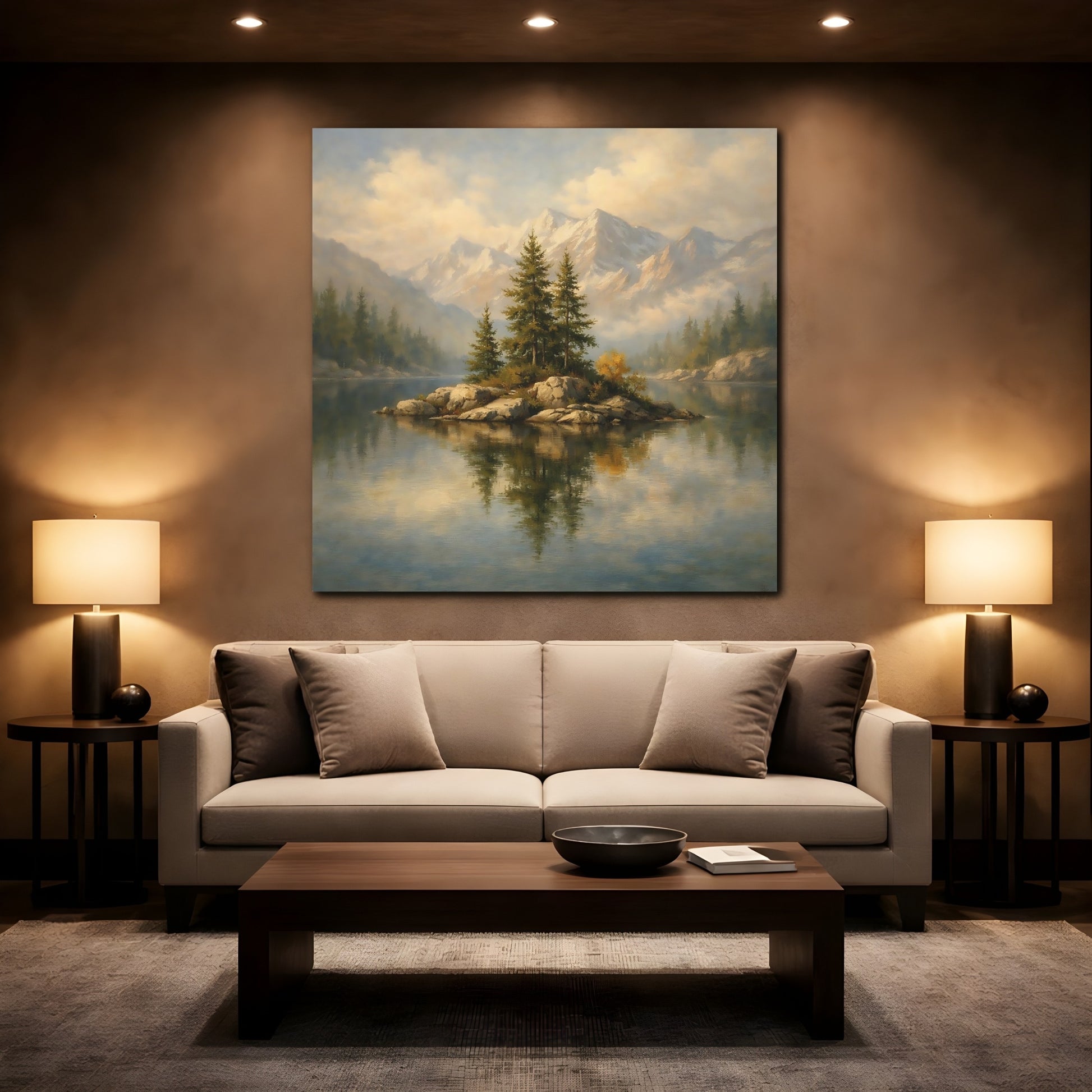 Mockup 2. Nature Pine Island Pine Lake Mountain shown as stretched canvas wall art