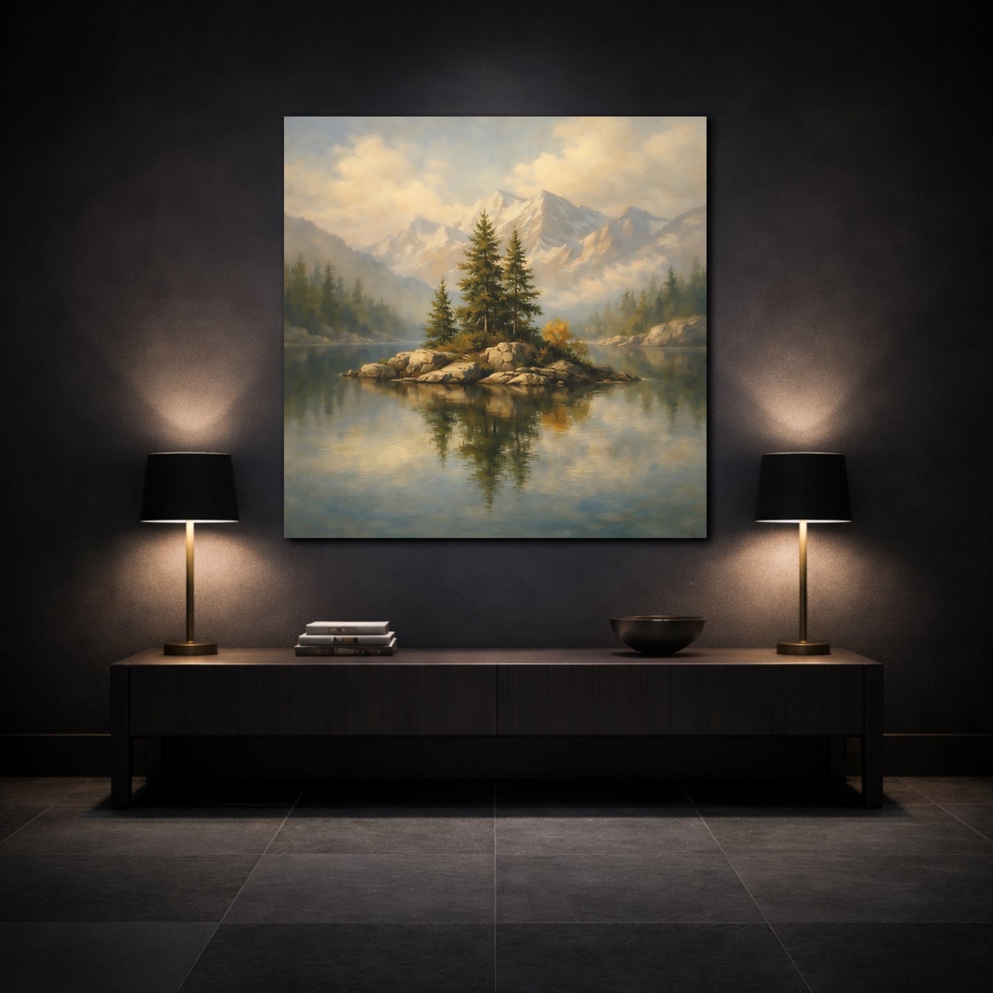 Mockup 3. Nature Pine Island Pine Lake Mountain shown as stretched canvas wall art