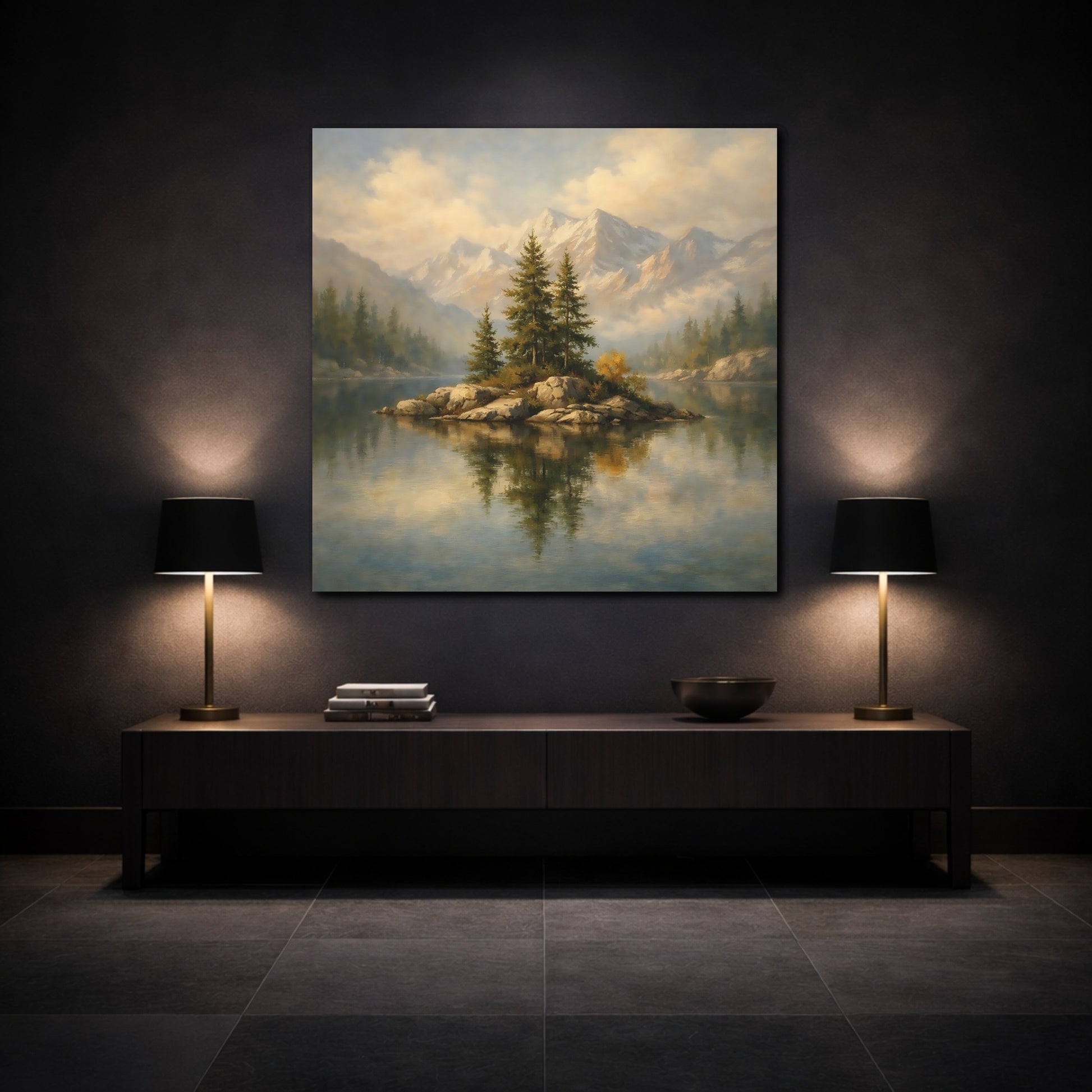 Mockup 3. Nature Pine Island Pine Lake Mountain shown as stretched canvas wall art