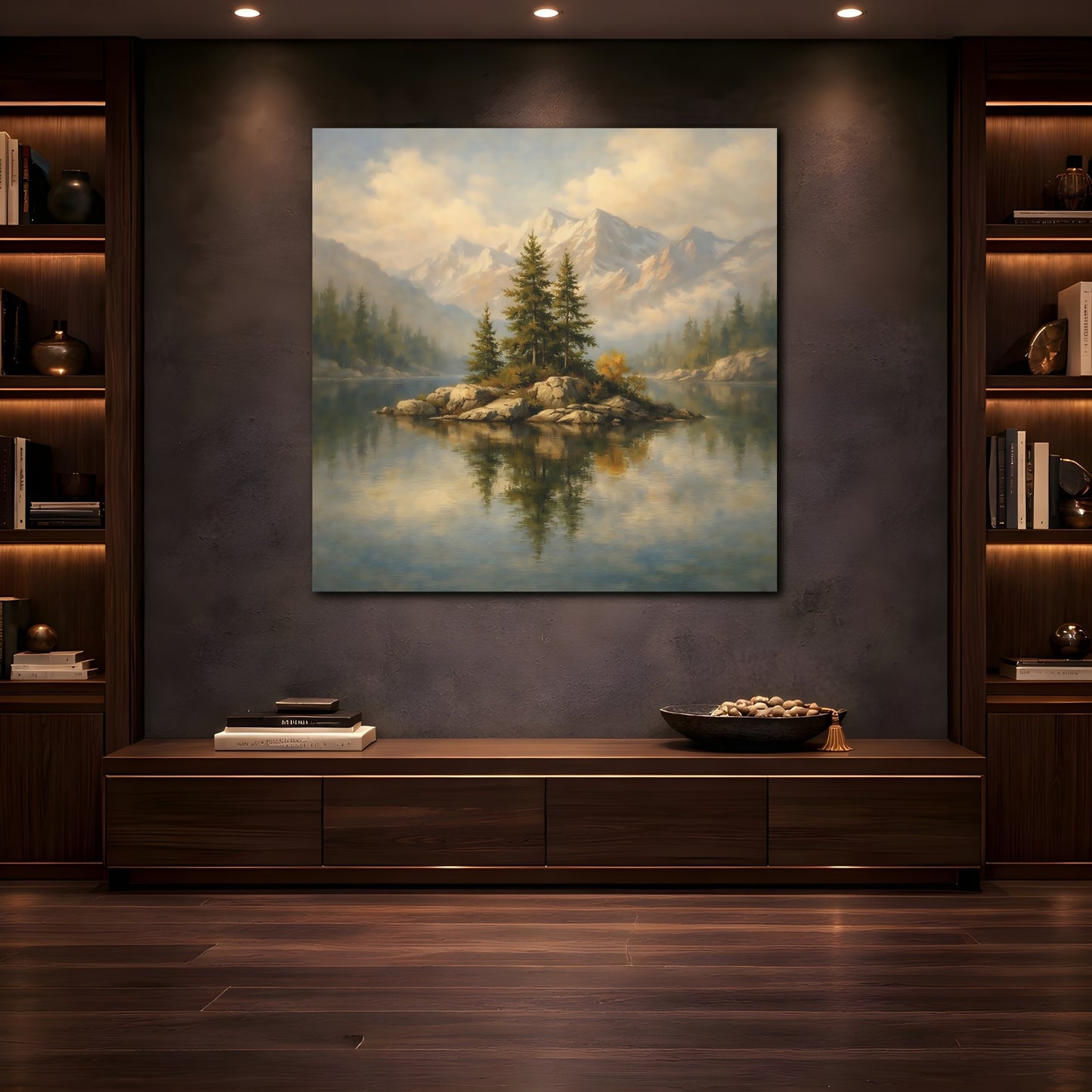 Mockup 4. Nature Pine Island Pine Lake Mountain shown as stretched canvas wall art
