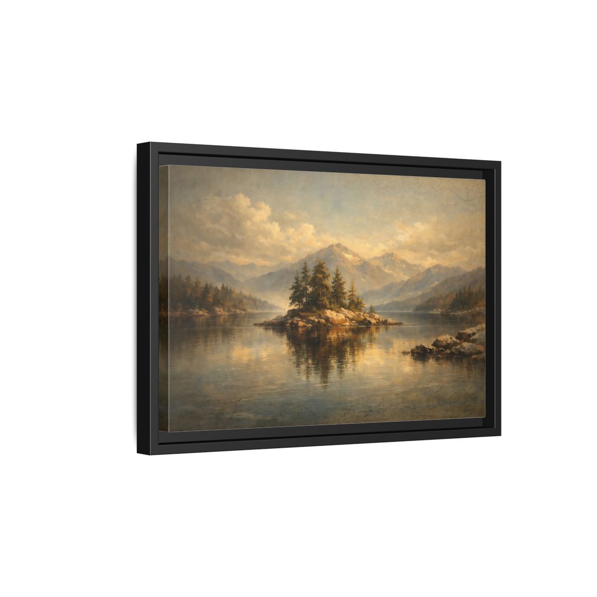 Side Mockup 6. Nature Pine Island Vintage Landscape shown as stretched canvas wall art