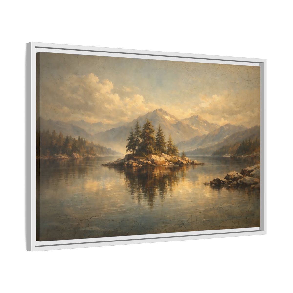 Side Mockup 10. Nature Pine Island Vintage Landscape shown as stretched canvas wall art