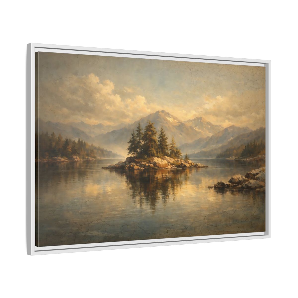 Side Mockup 8. Nature Pine Island Vintage Landscape shown as stretched canvas wall art