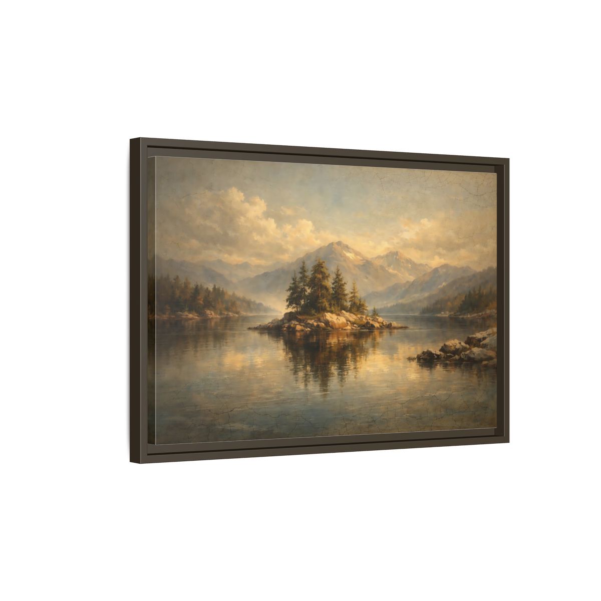 Side Mockup 2. Nature Pine Island Vintage Landscape shown as stretched canvas wall art