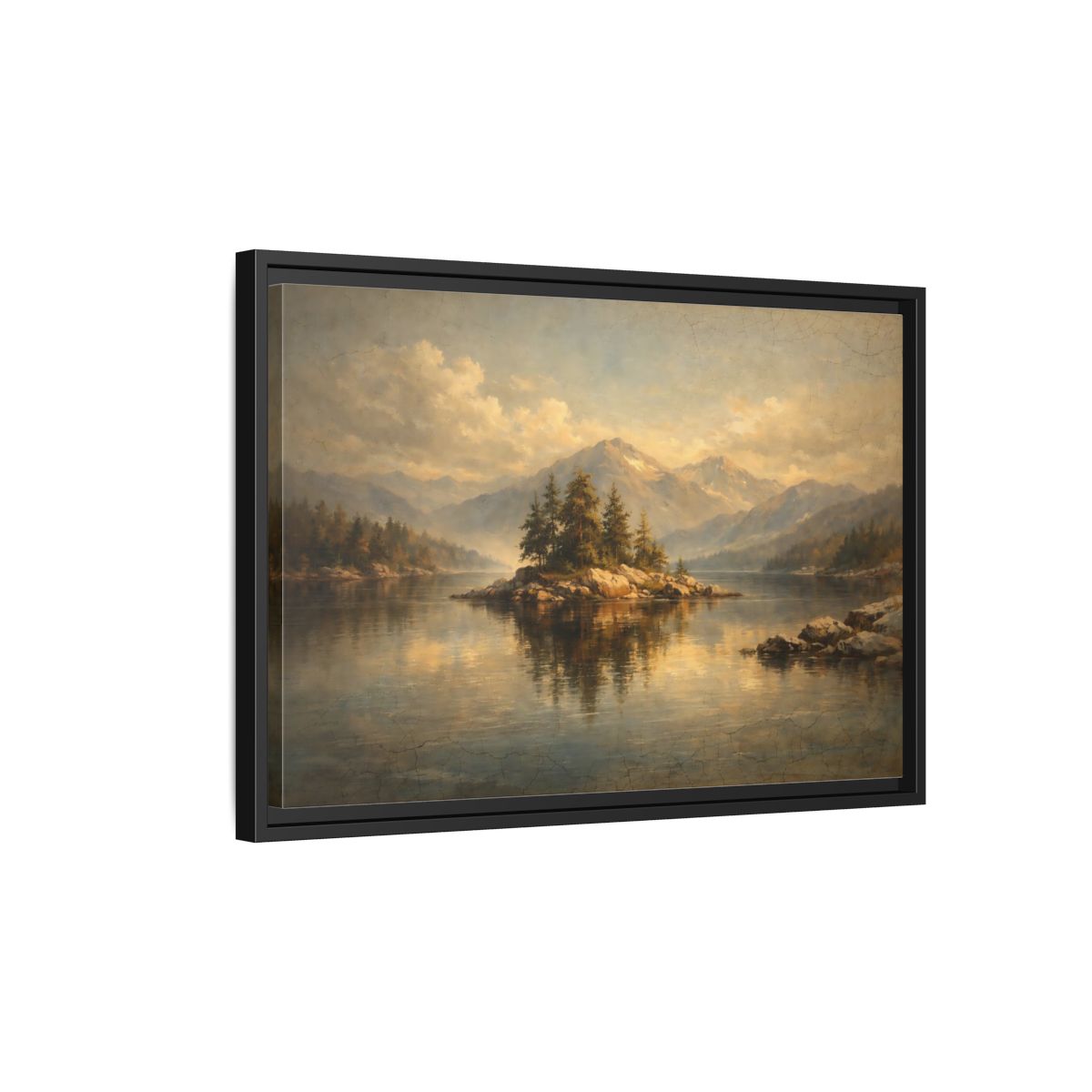 Side Mockup 3. Nature Pine Island Vintage Landscape shown as stretched canvas wall art