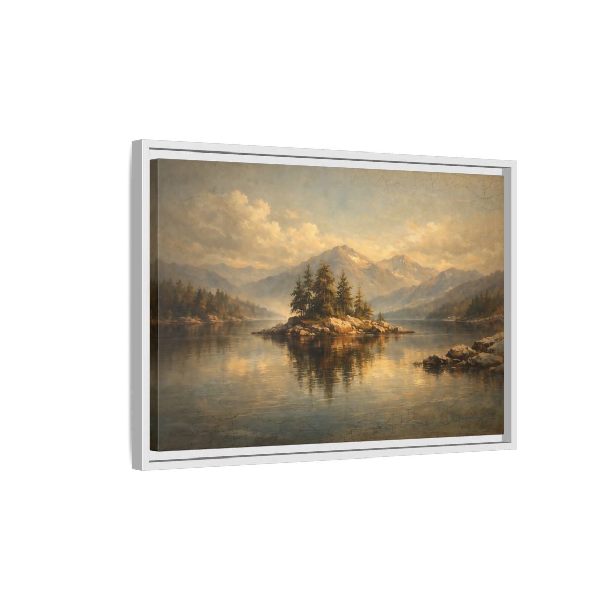 Side Mockup 1. Nature Pine Island Vintage Landscape shown as stretched canvas wall art