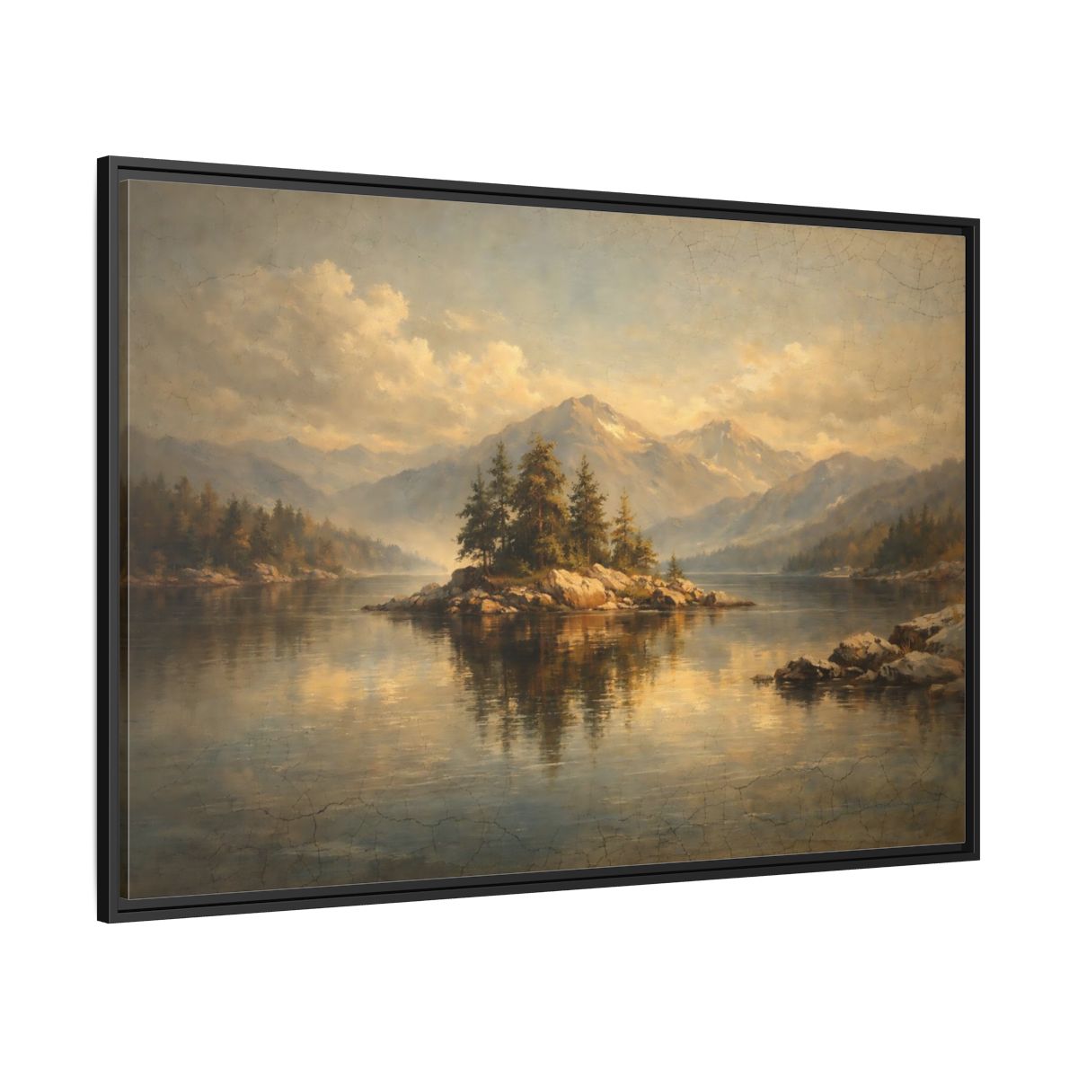 Side Mockup 12. Nature Pine Island Vintage Landscape shown as stretched canvas wall art