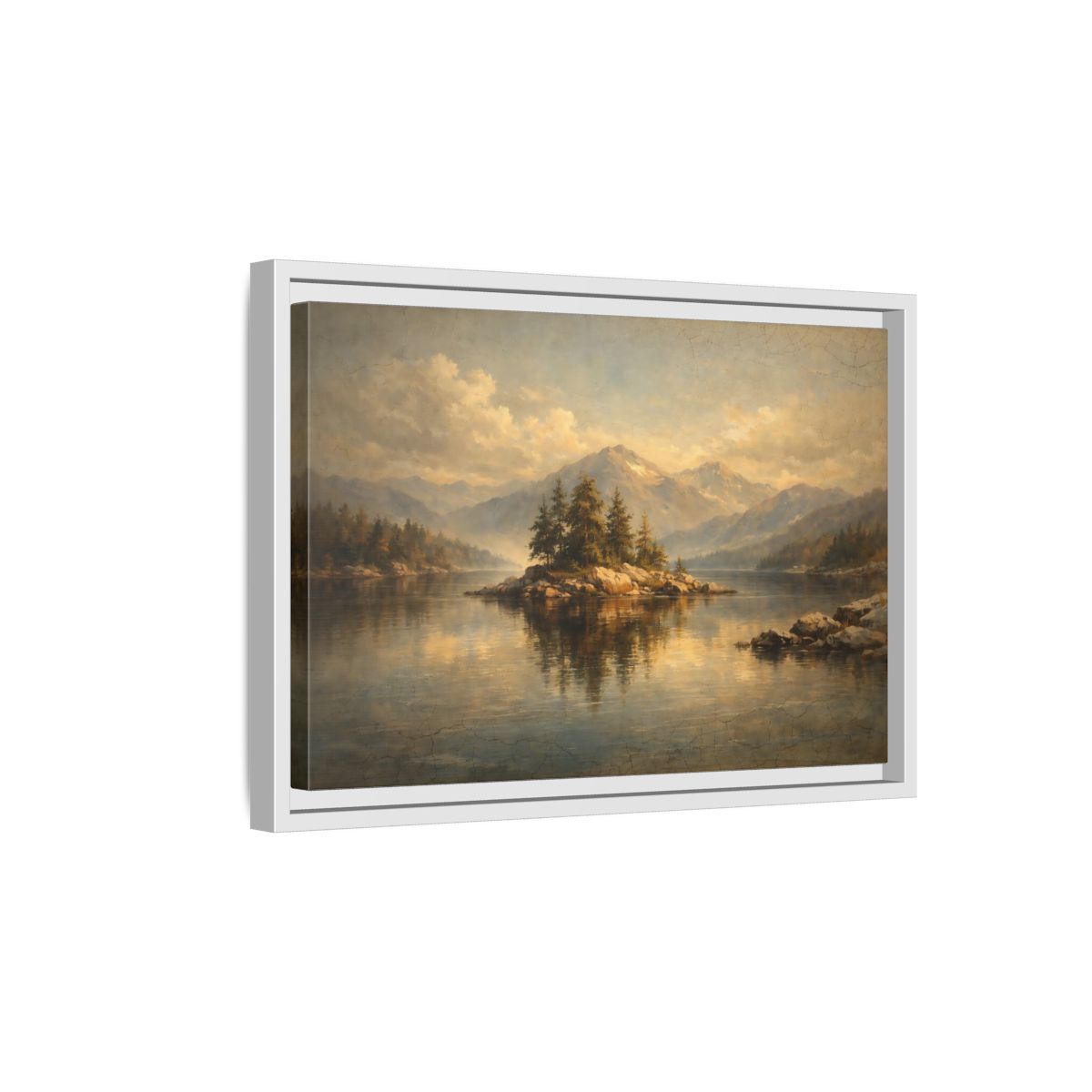 Side Mockup 4. Nature Pine Island Vintage Landscape shown as stretched canvas wall art