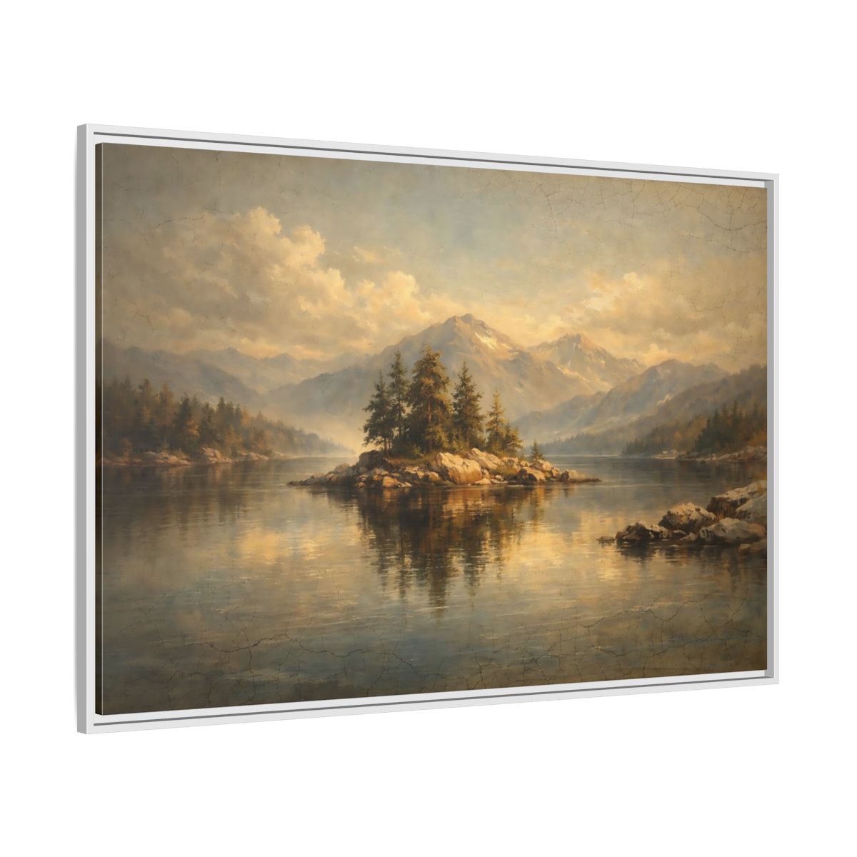 Side Mockup 7. Nature Pine Island Vintage Landscape shown as stretched canvas wall art