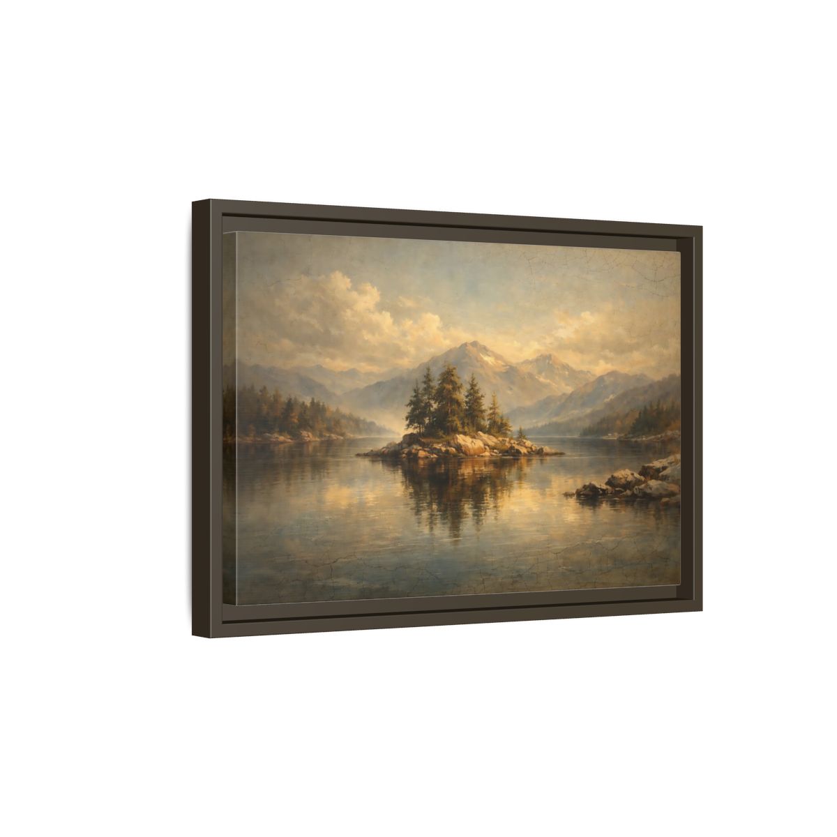 Side Mockup 5. Nature Pine Island Vintage Landscape shown as stretched canvas wall art