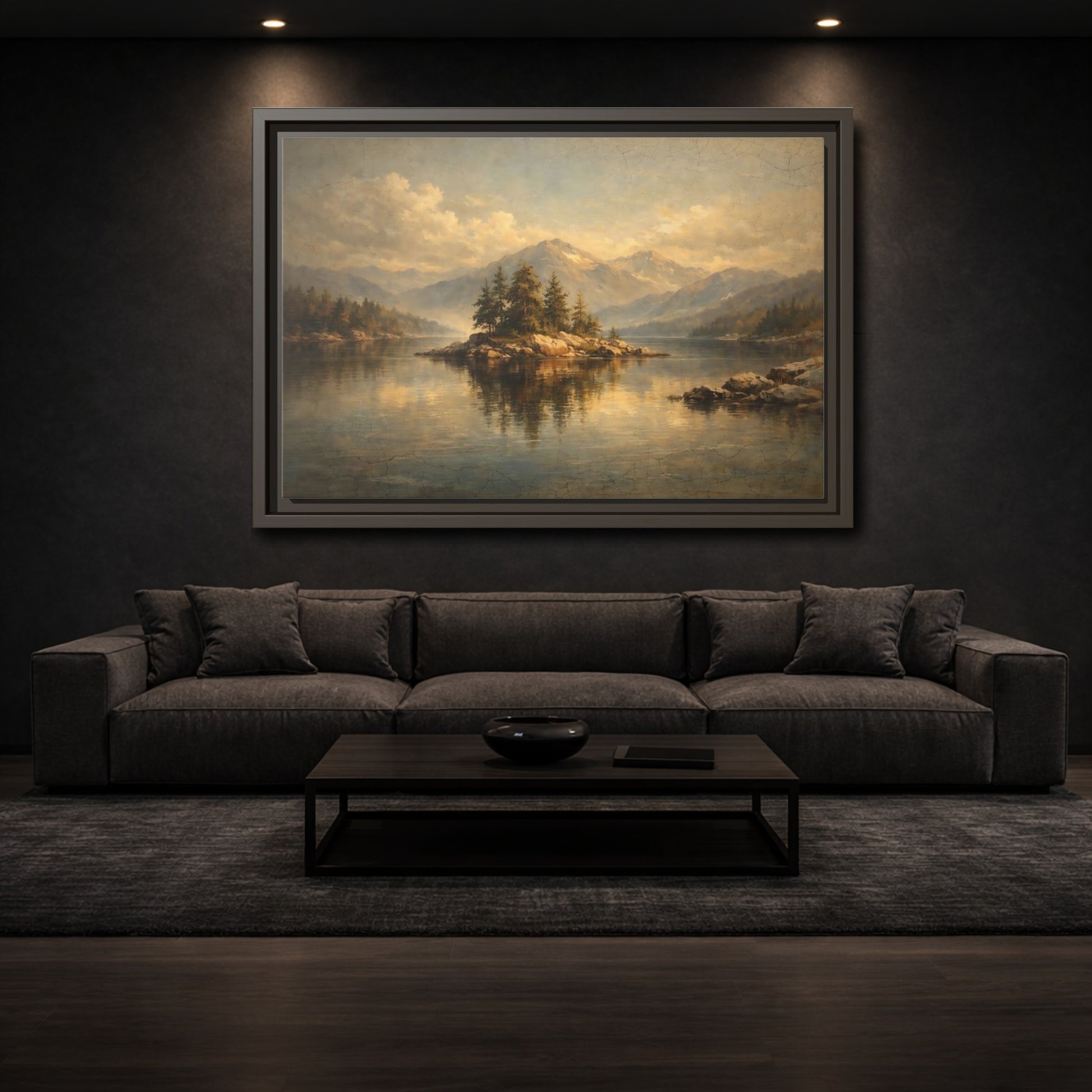 Mockup 2. Nature Pine Island Vintage Landscape shown as stretched canvas wall art
