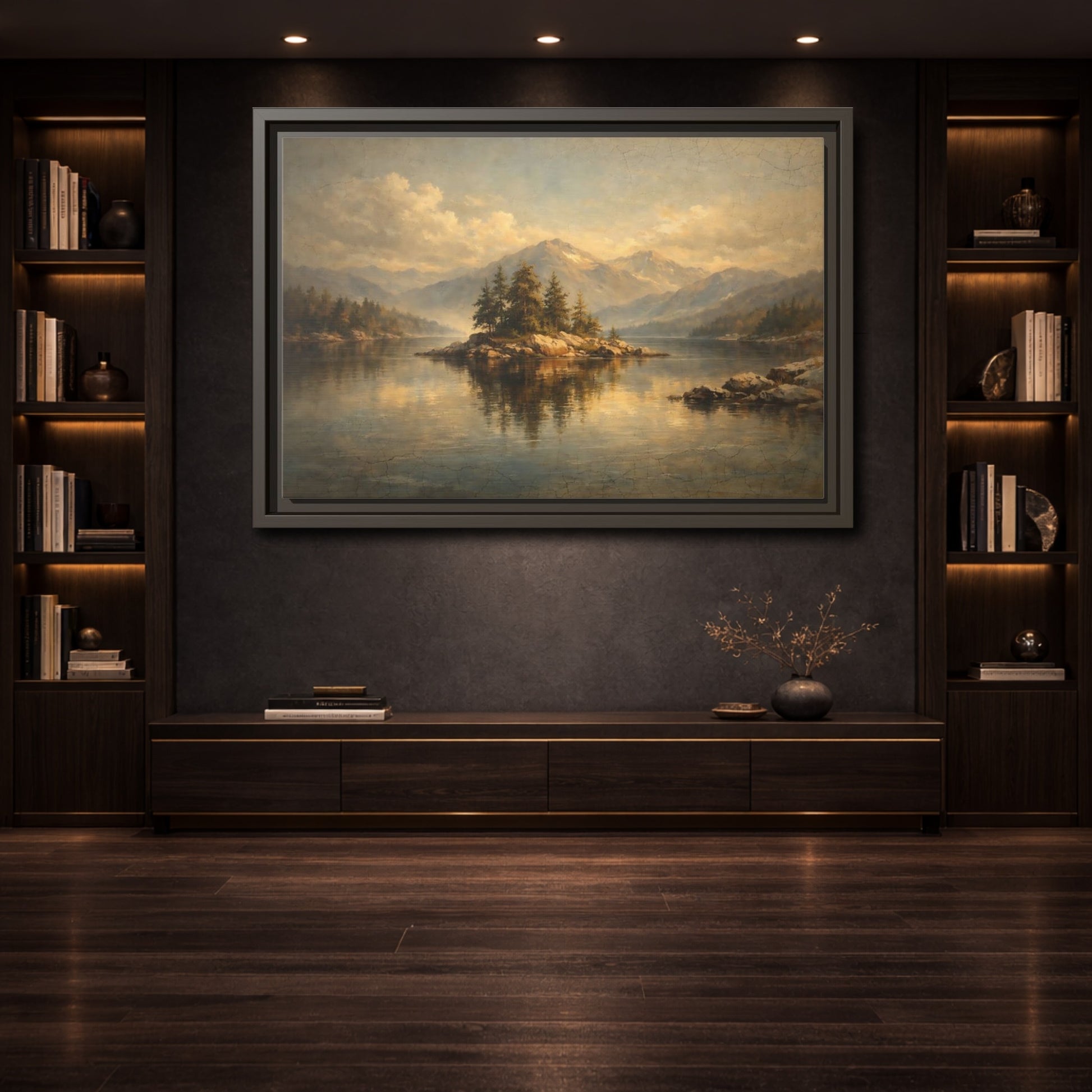 Mockup 3. Nature Pine Island Vintage Landscape shown as stretched canvas wall art