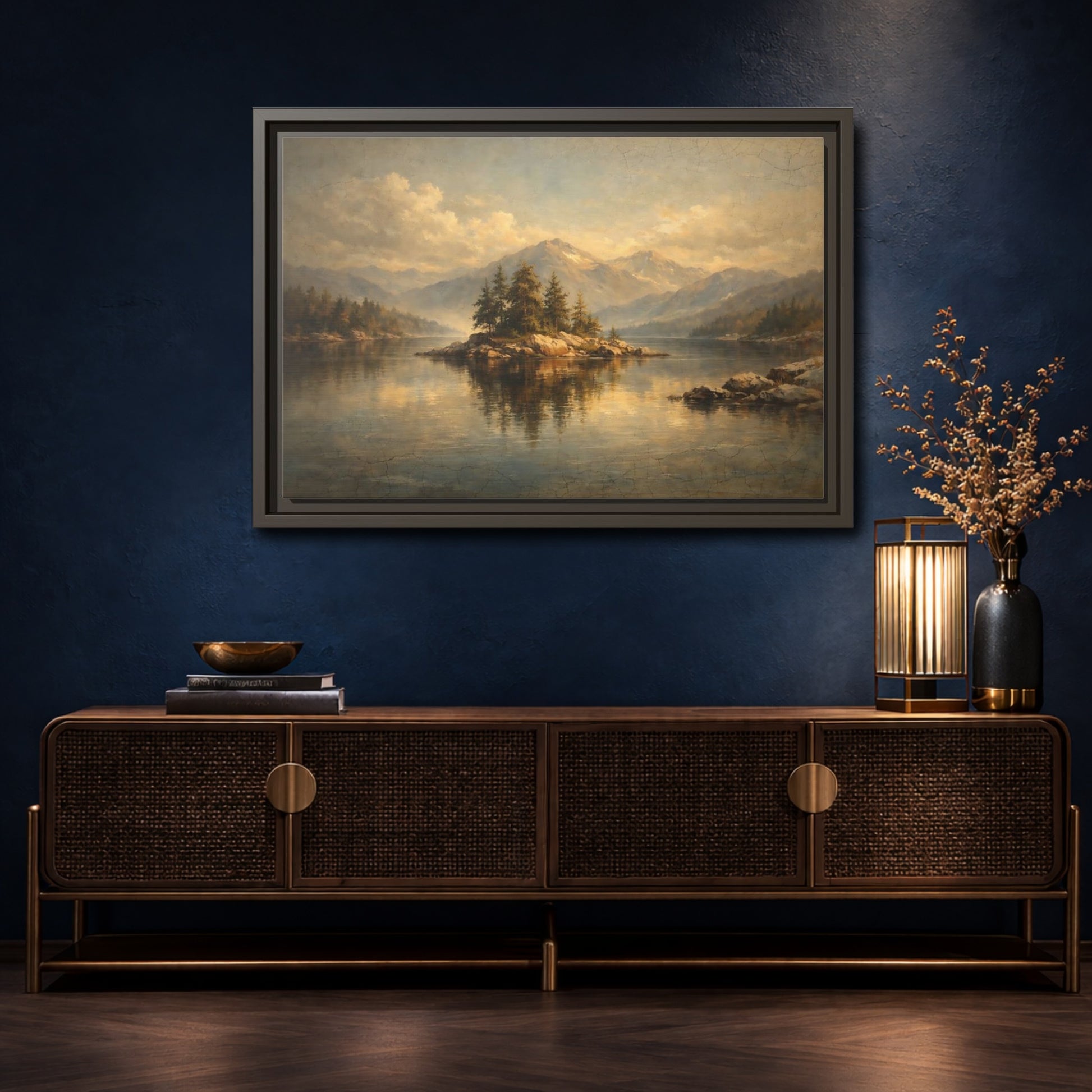 Mockup 4. Nature Pine Island Vintage Landscape shown as stretched canvas wall art
