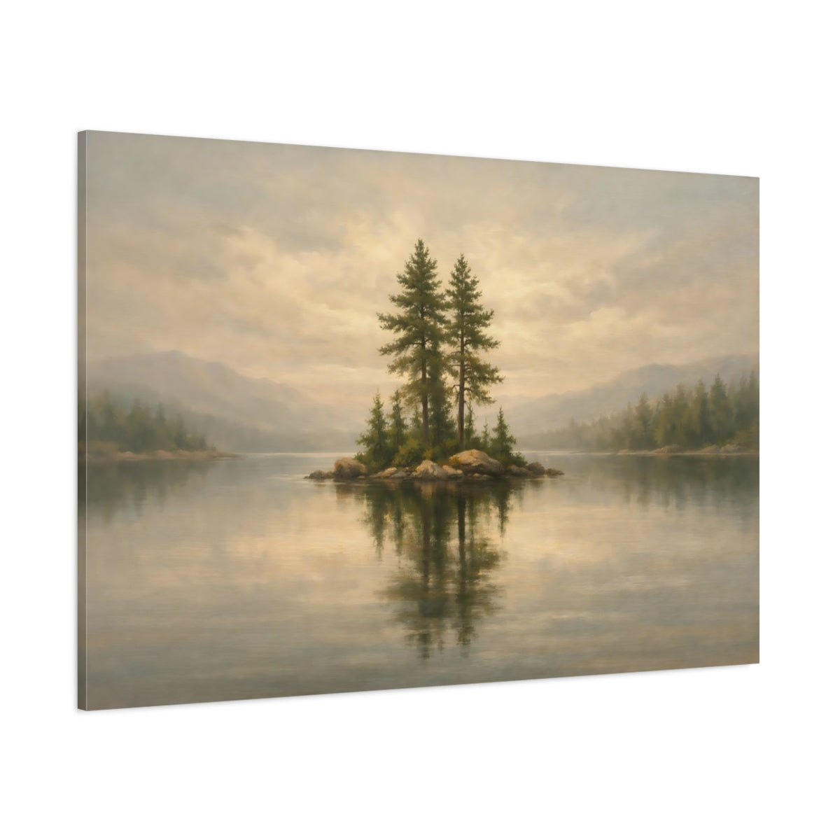 Main Mockup. Nature Pine Islet Muted Landscape shown as stretched canvas wall art
