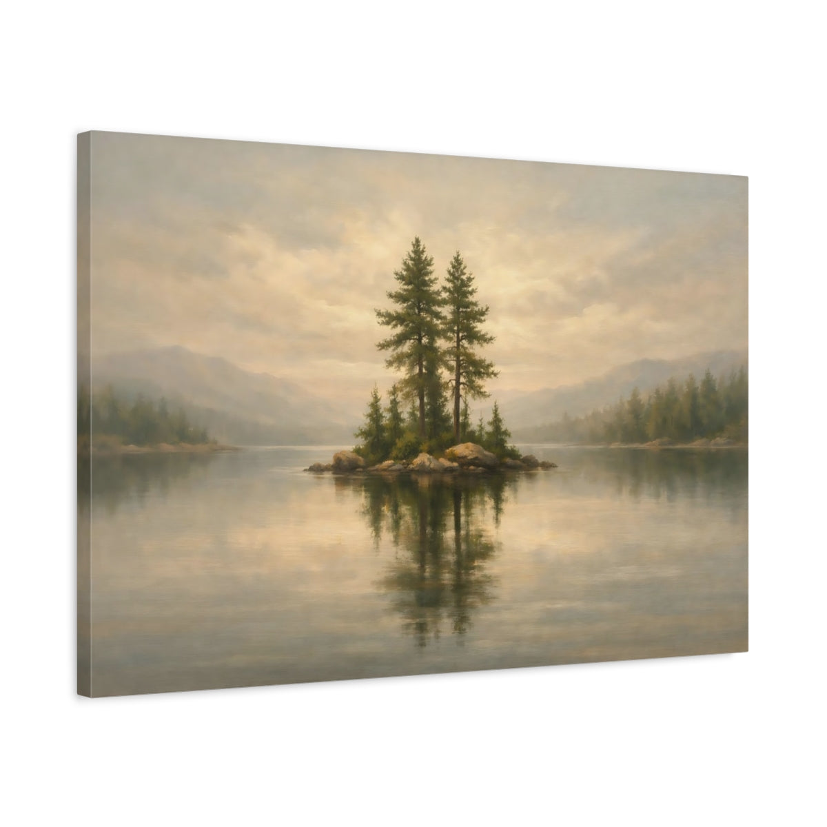 Side Mockup 2. Nature Pine Islet Muted Landscape shown as stretched canvas wall art