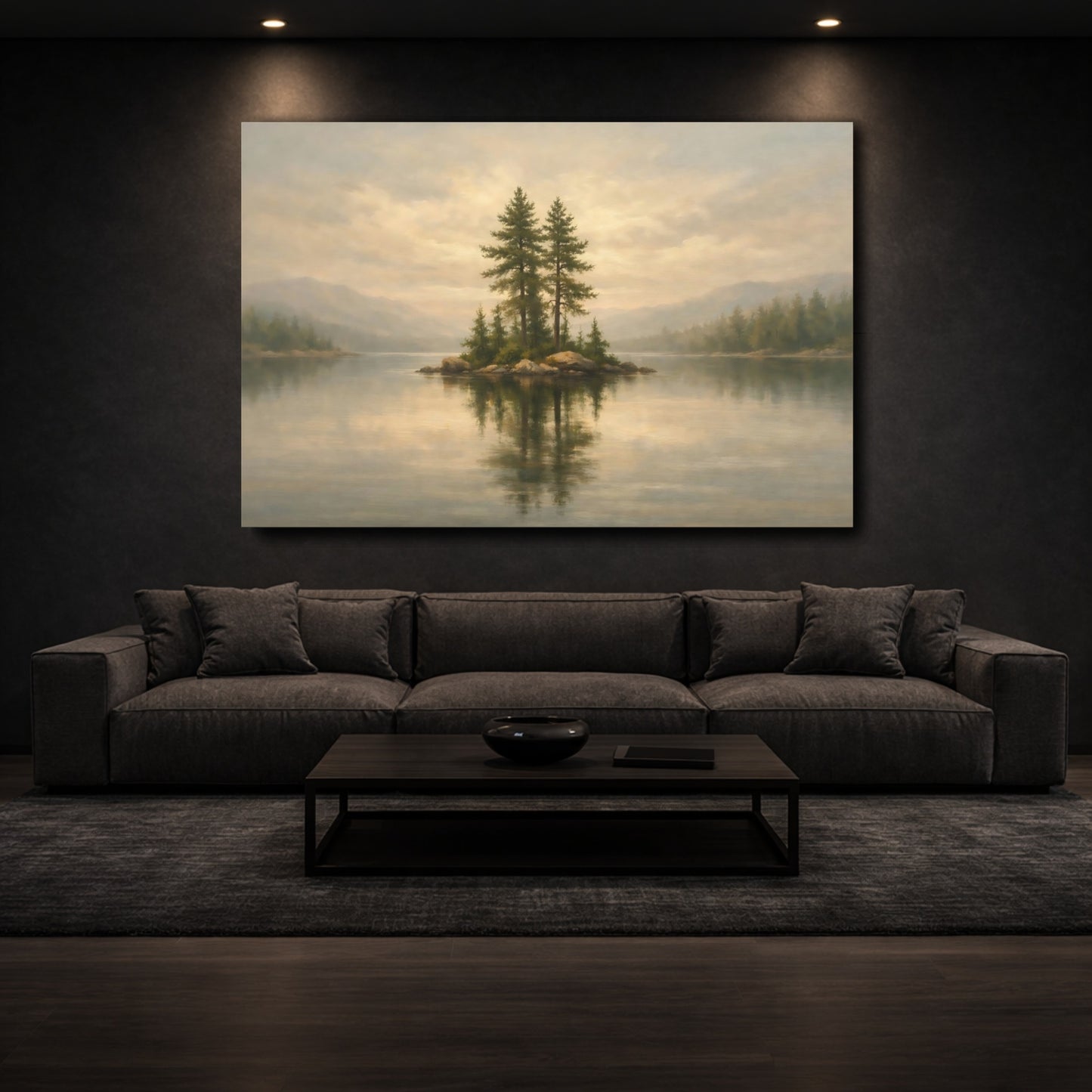 Mockup 2. Nature Pine Islet Muted Landscape shown as stretched canvas wall art