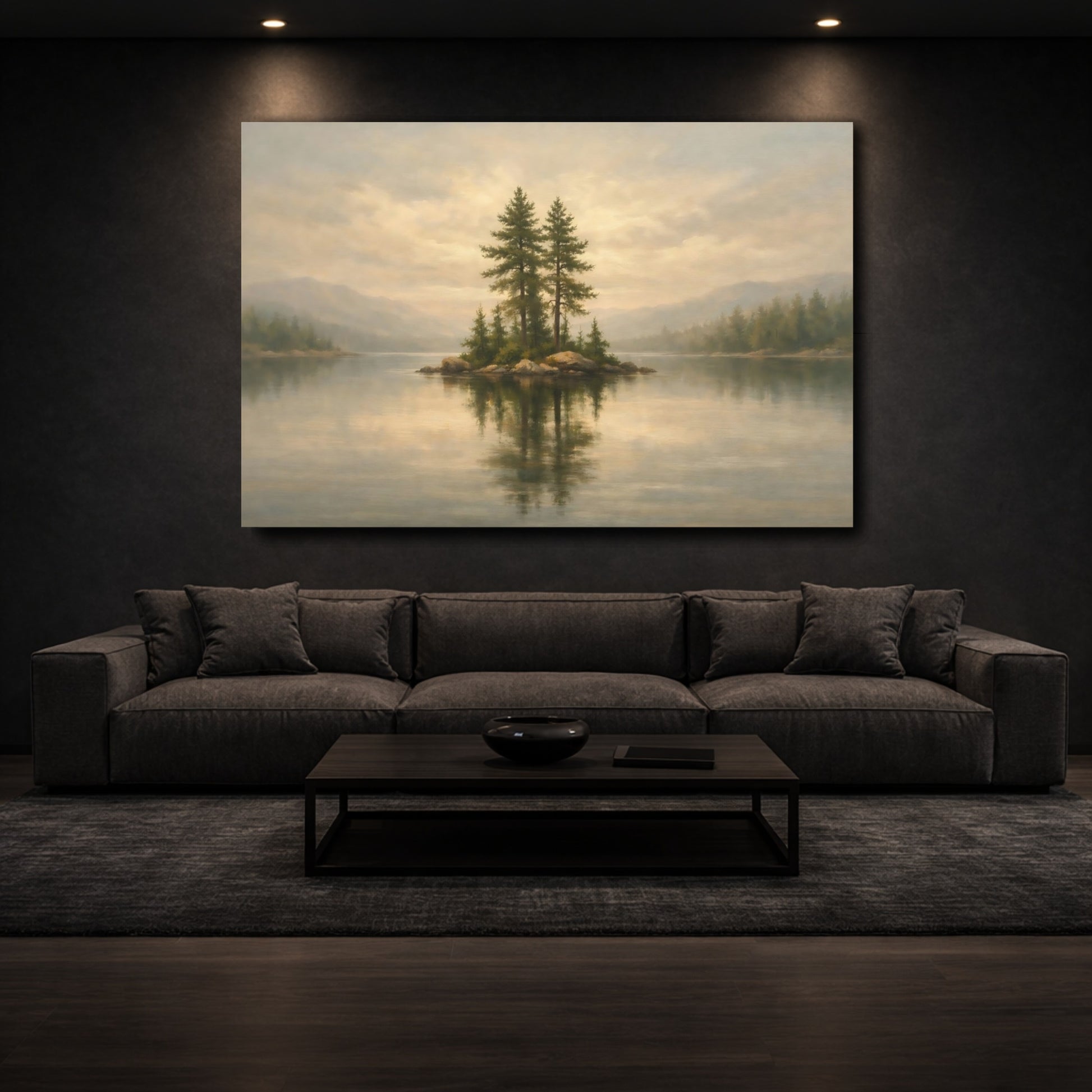 Mockup 2. Nature Pine Islet Muted Landscape shown as stretched canvas wall art