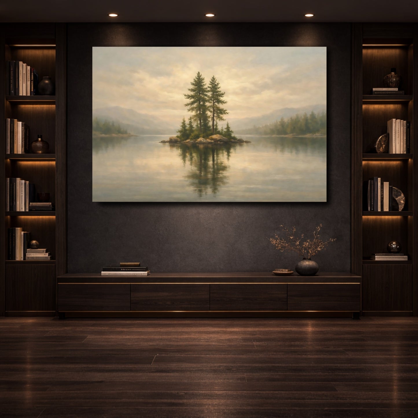Mockup 3. Nature Pine Islet Muted Landscape shown as stretched canvas wall art
