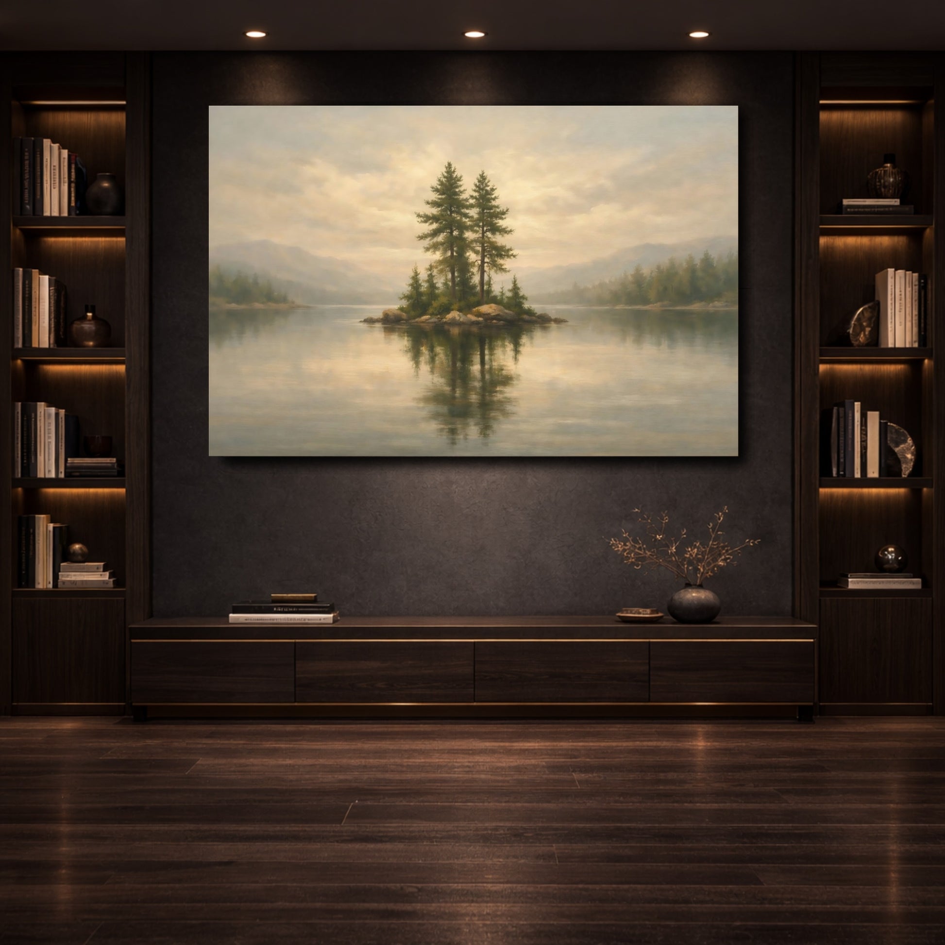 Mockup 3. Nature Pine Islet Muted Landscape shown as stretched canvas wall art