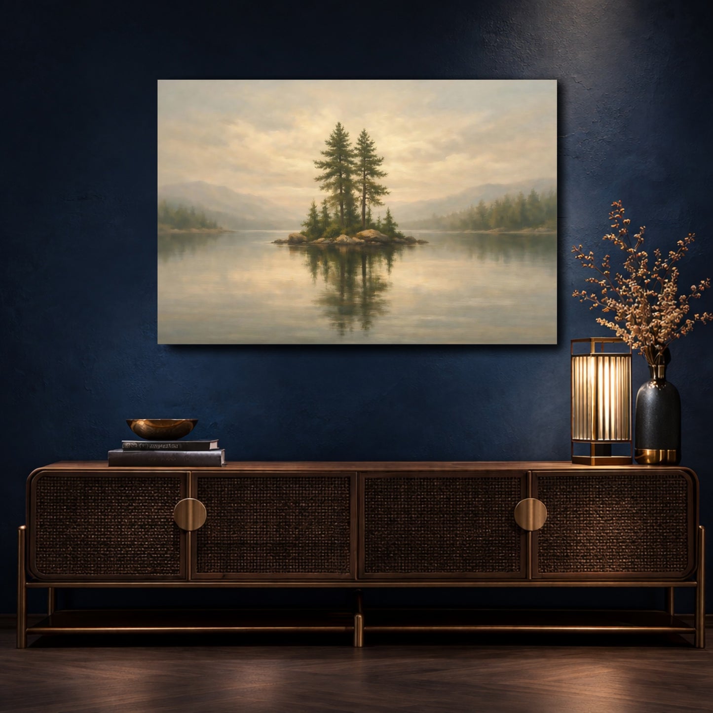 Mockup 4. Nature Pine Islet Muted Landscape shown as stretched canvas wall art