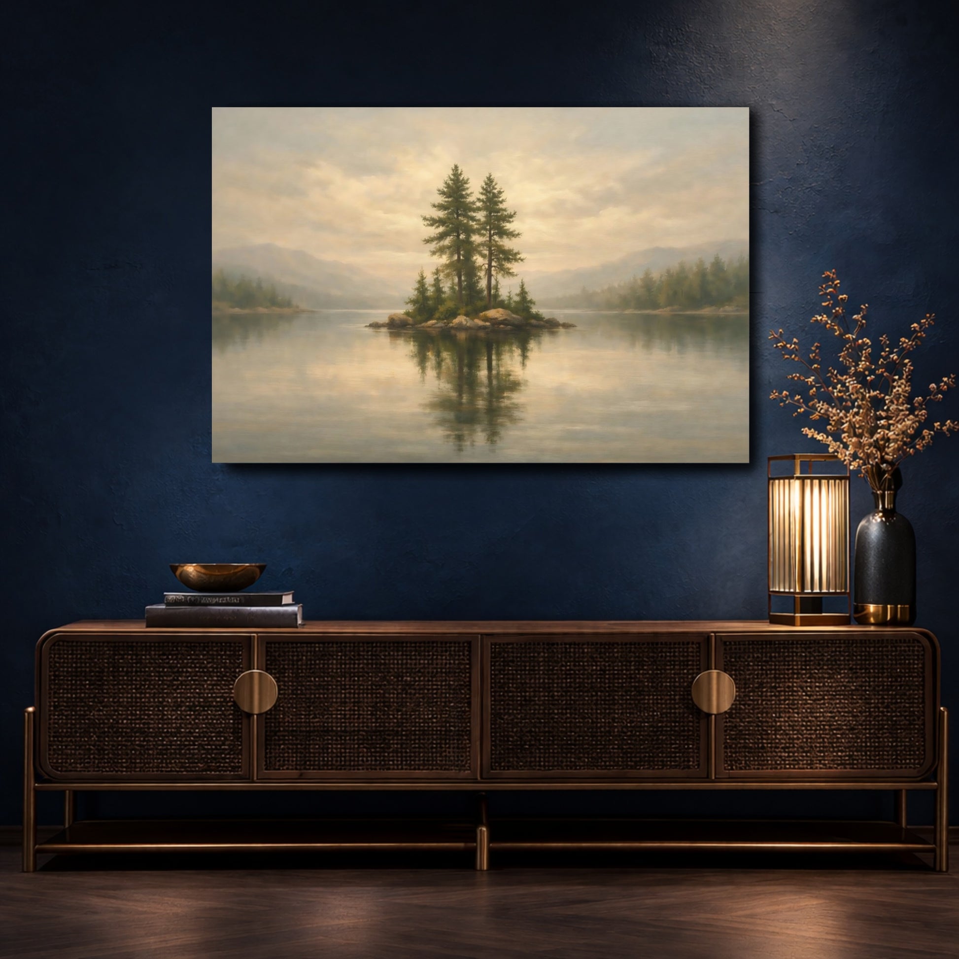 Mockup 4. Nature Pine Islet Muted Landscape shown as stretched canvas wall art