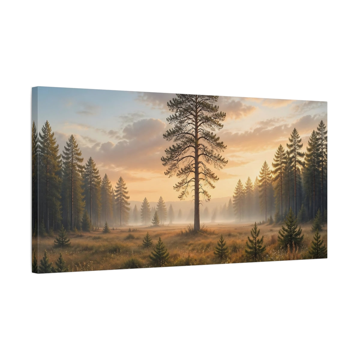 Side Mockup 1. Nature Pine Tree Golden Hour Forest shown as stretched canvas wall art