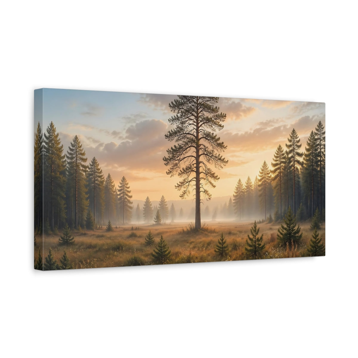 Side Mockup 3. Nature Pine Tree Golden Hour Forest shown as stretched canvas wall art