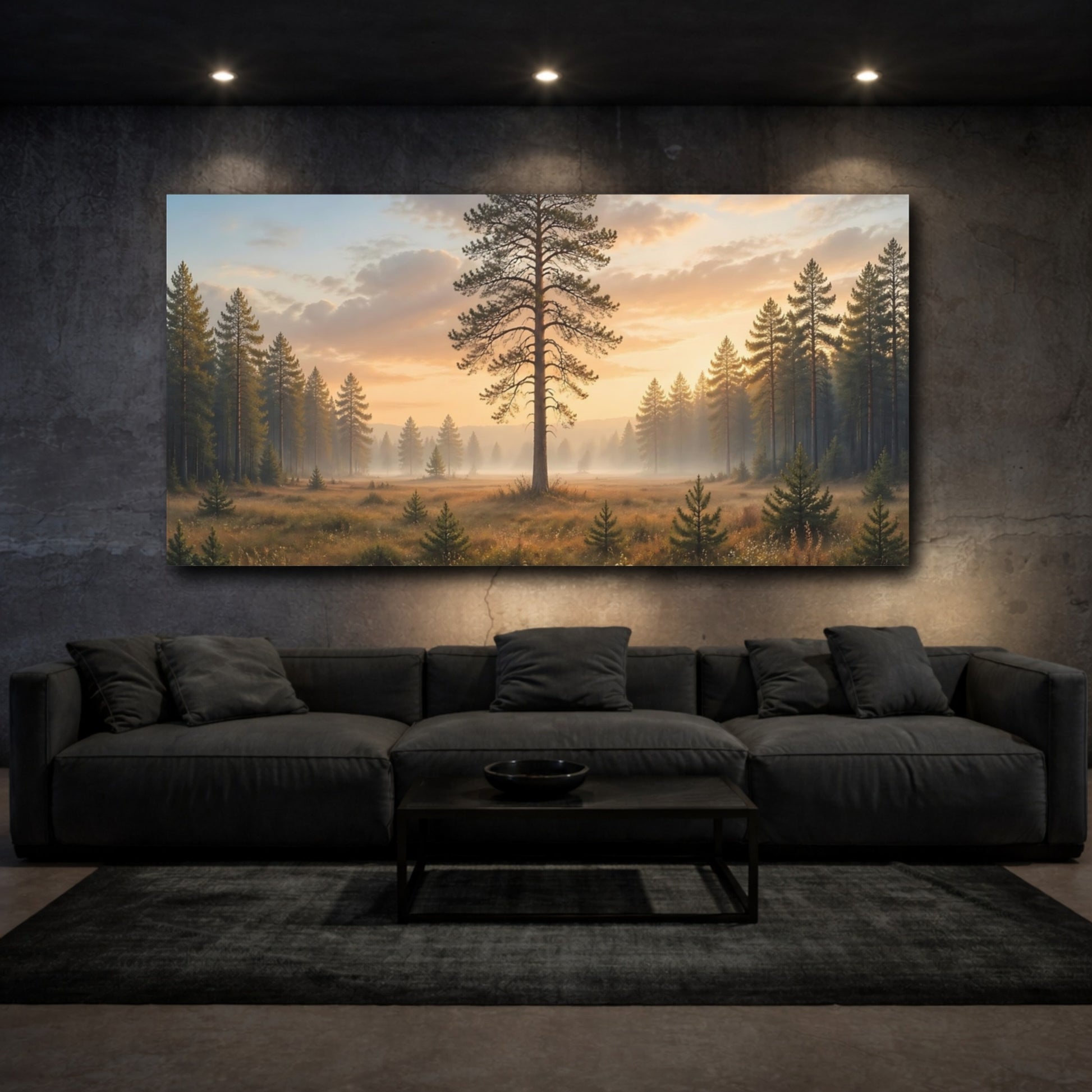 Mockup 2. Nature Pine Tree Golden Hour Forest shown as stretched canvas wall art