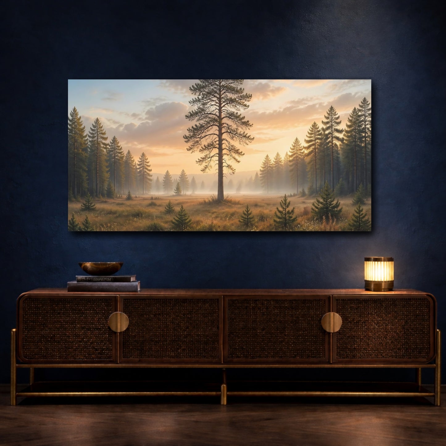 Mockup 3. Nature Pine Tree Golden Hour Forest shown as stretched canvas wall art