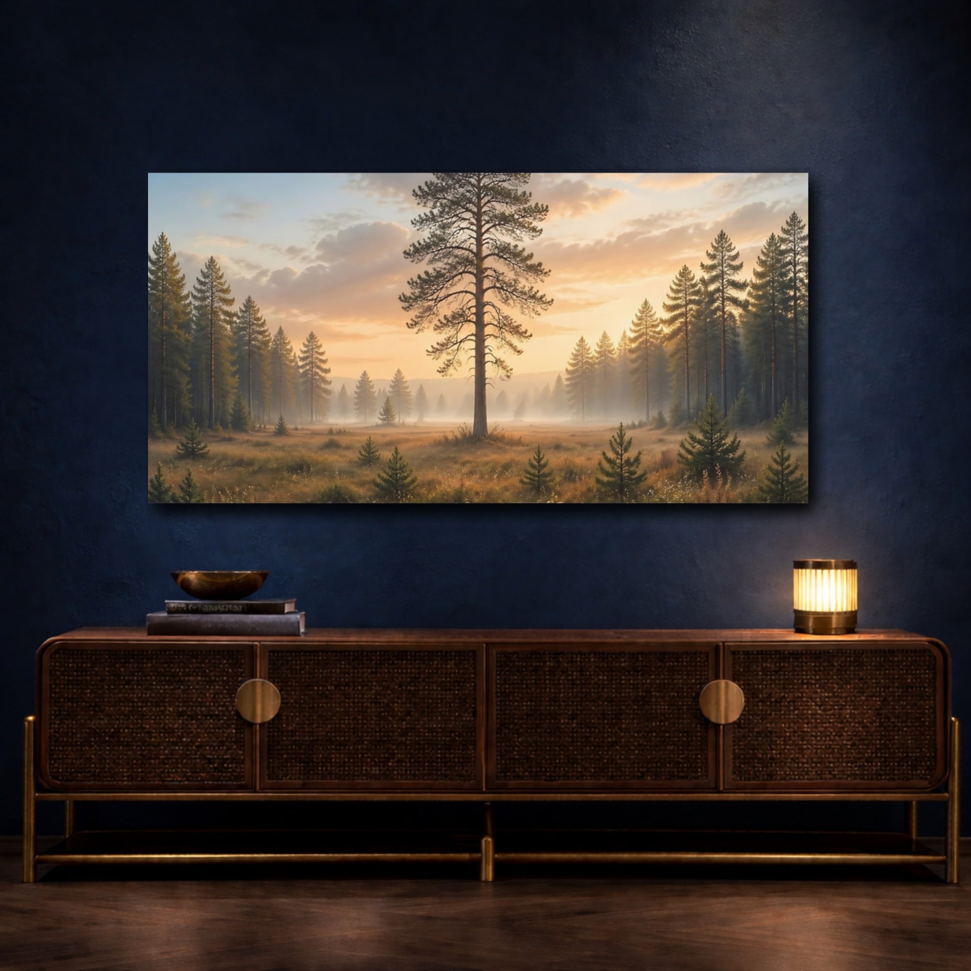 Mockup 3. Nature Pine Tree Golden Hour Forest shown as stretched canvas wall art