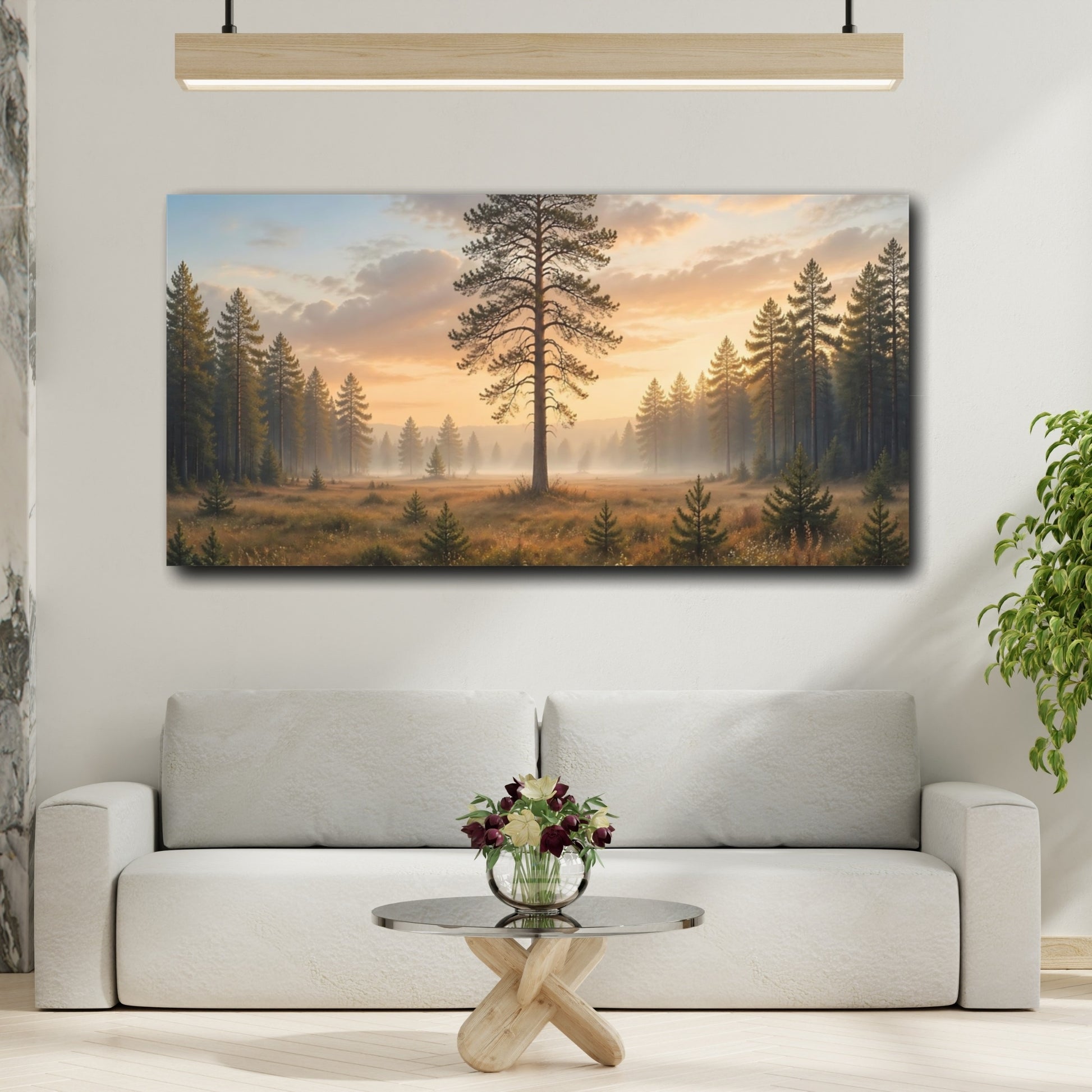 Mockup 4. Nature Pine Tree Golden Hour Forest shown as stretched canvas wall art