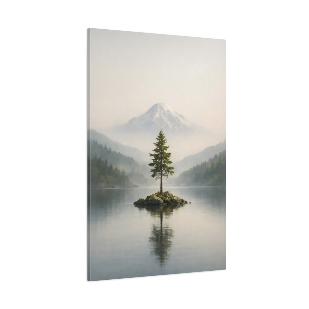 Main Mockup. Nature Pine Tree Green And Gray Landscape shown as stretched canvas wall art